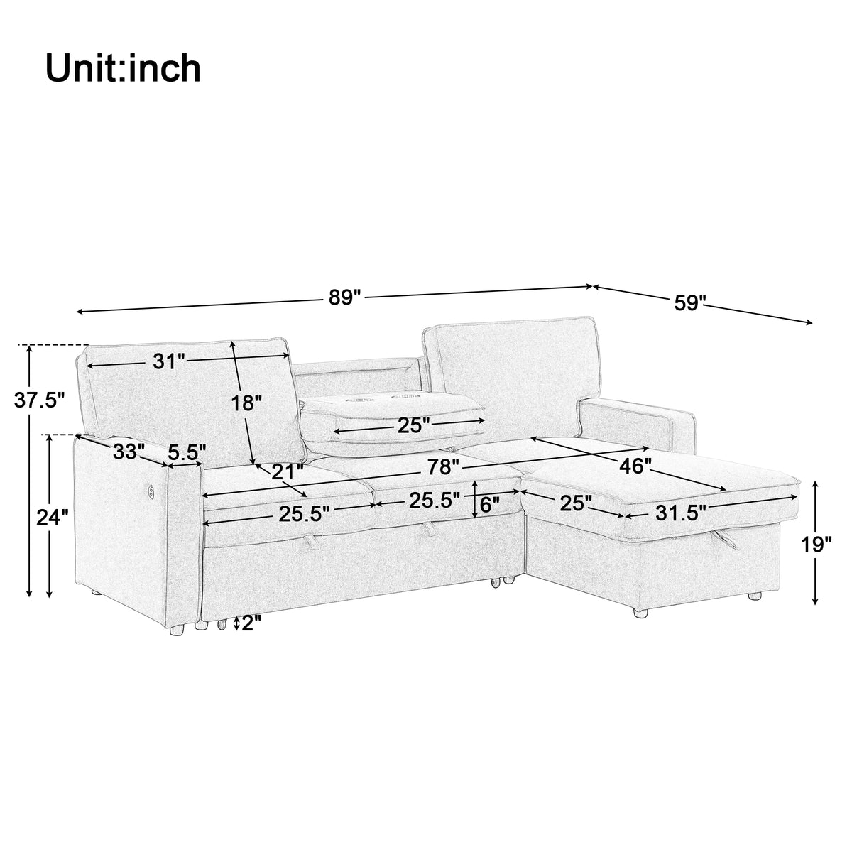variant-group:rf-n711wy000418aae|Roomfitters Upholstered Sleeper Sectional Sofa with Storage, USB Port, and 2 Cup Holders, Living Room Couch, Gray