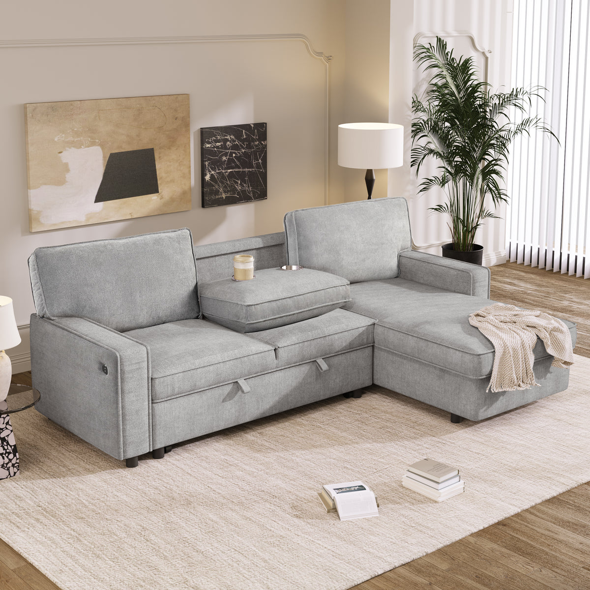 variant-group:rf-n711wy000418aae|Roomfitters Upholstered Sleeper Sectional Sofa with Storage, USB Port, and 2 Cup Holders, Living Room Couch, Gray