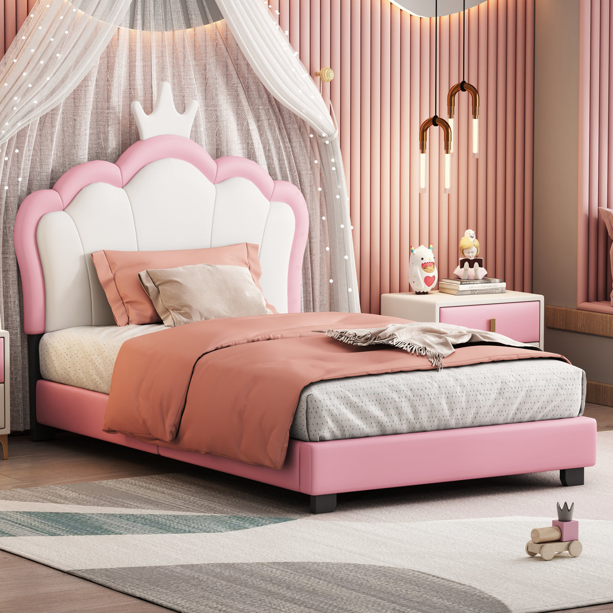 variant-group:rf-n733p180807h|Roomfitters Princess Upholstered Twin Platform Bed with Crown Headboard & Footboard, Cream Pink