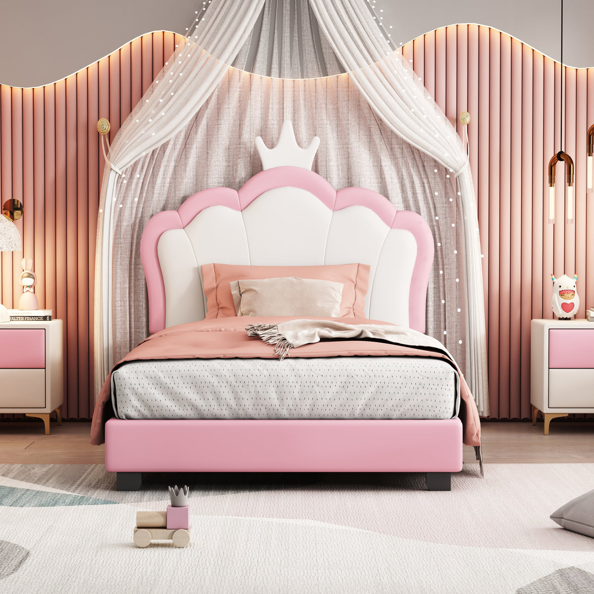 variant-group:rf-n733p180807h|Roomfitters Princess Upholstered Twin Platform Bed with Crown Headboard & Footboard, Cream Pink