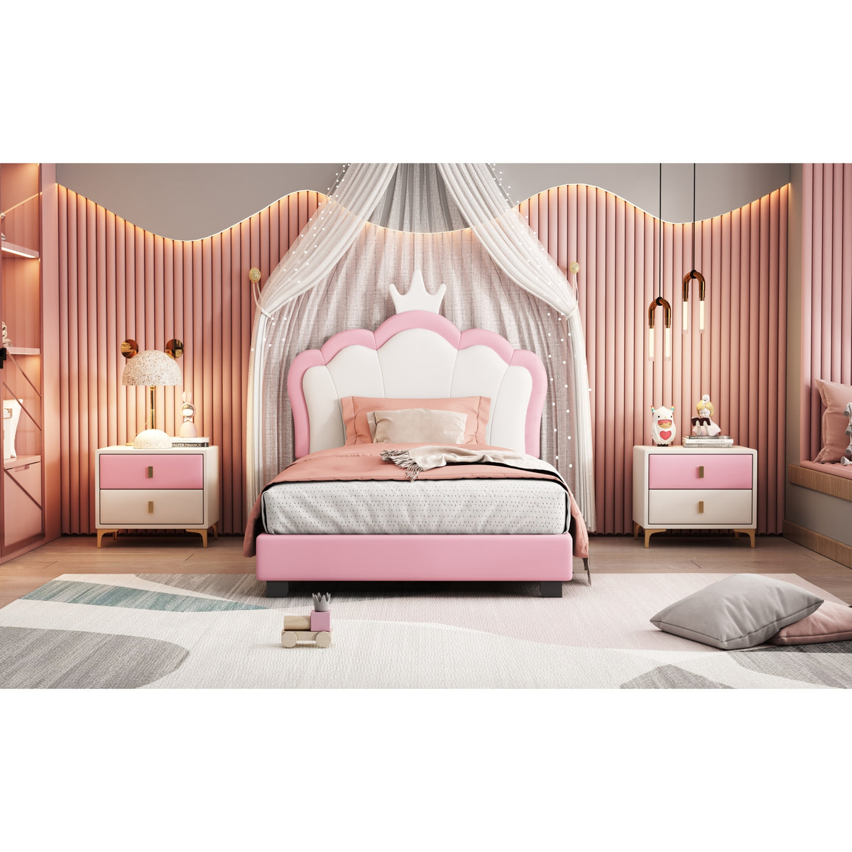 variant-group:rf-n733p180807h|Roomfitters Princess Upholstered Twin Platform Bed with Crown Headboard & Footboard, Cream Pink