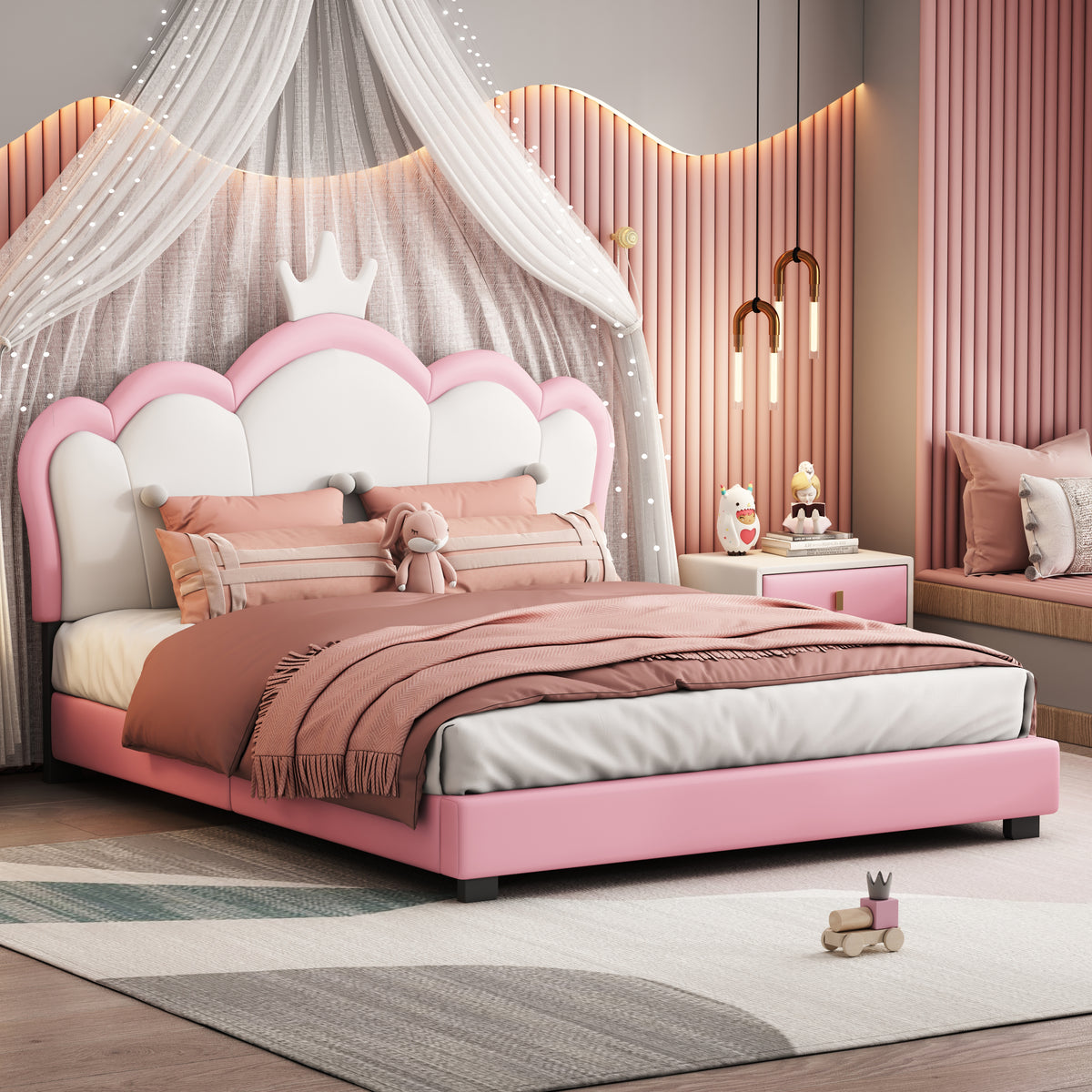 variant-group:rf-n733p180808h|Roomfitters Full Size Upholstered Princess Bed with Crown Headboard, Elegant Platform Bed with Tufted Headboard and Footboard for a Stylish Bedroom, Pink
