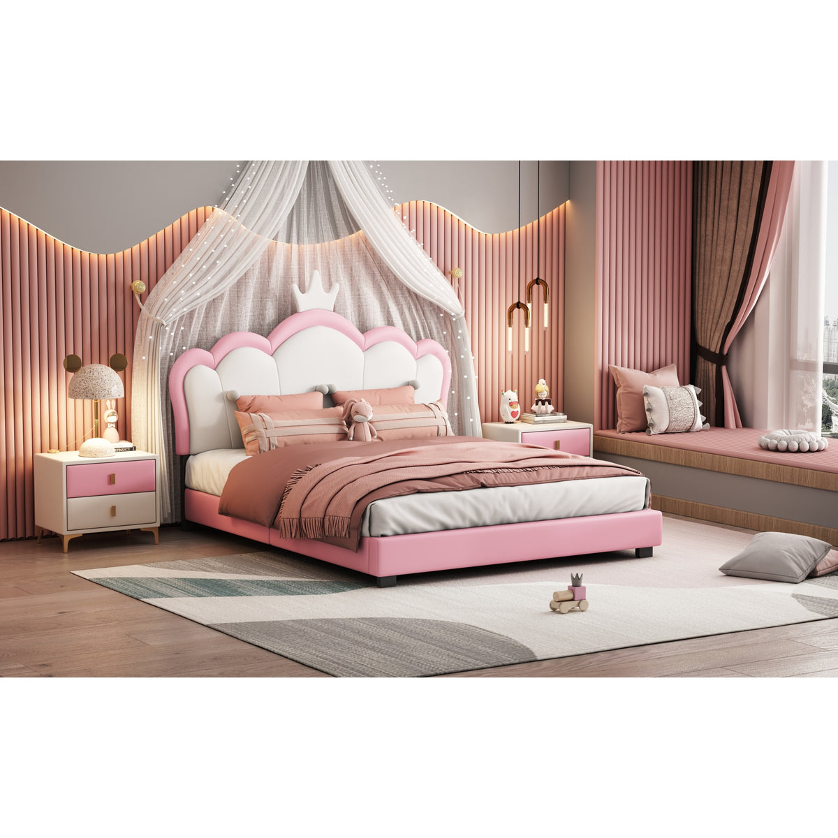 variant-group:rf-n733p180808h|Roomfitters Full Size Upholstered Princess Bed with Crown Headboard, Elegant Platform Bed with Tufted Headboard and Footboard for a Stylish Bedroom, Pink