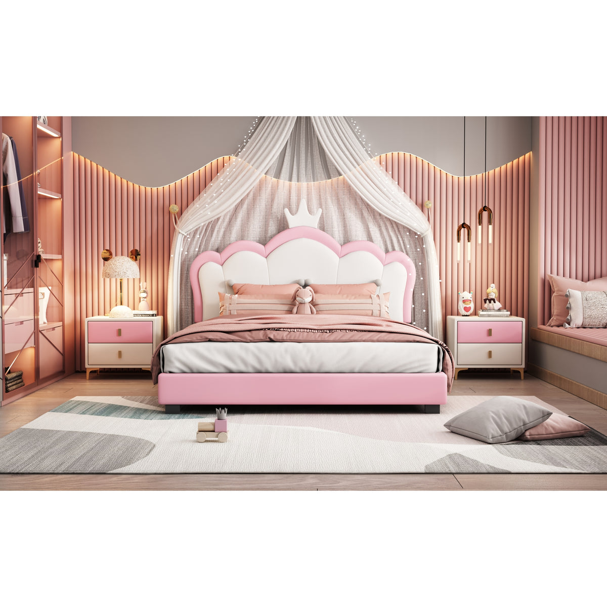 variant-group:rf-n733p180808h|Roomfitters Full Size Upholstered Princess Bed with Crown Headboard, Elegant Platform Bed with Tufted Headboard and Footboard for a Stylish Bedroom, Pink