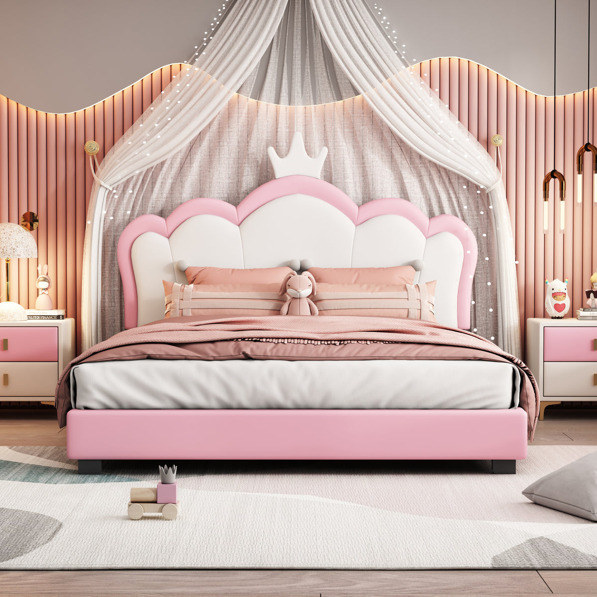 variant-group:rf-n733p180808h|Roomfitters Full Size Upholstered Princess Bed with Crown Headboard, Elegant Platform Bed with Tufted Headboard and Footboard for a Stylish Bedroom, Pink