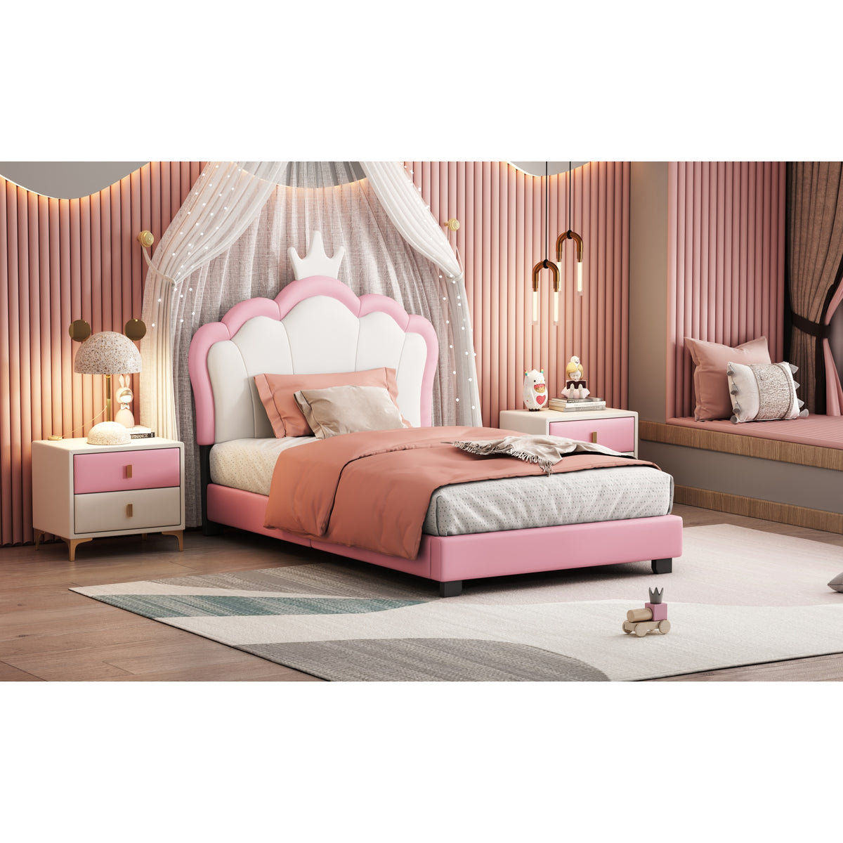 variant-group:rf-n733p180807h|Roomfitters Princess Upholstered Twin Platform Bed with Crown Headboard & Footboard, Cream Pink