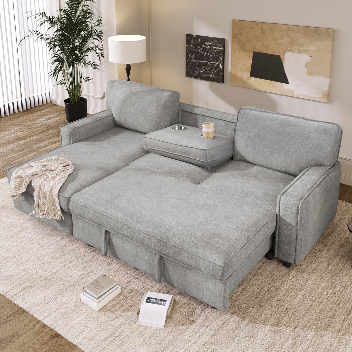 variant-group:rf-n711wy000418aae|Roomfitters Upholstered Sleeper Sectional Sofa with Storage, USB Port, and 2 Cup Holders, Living Room Couch, Gray