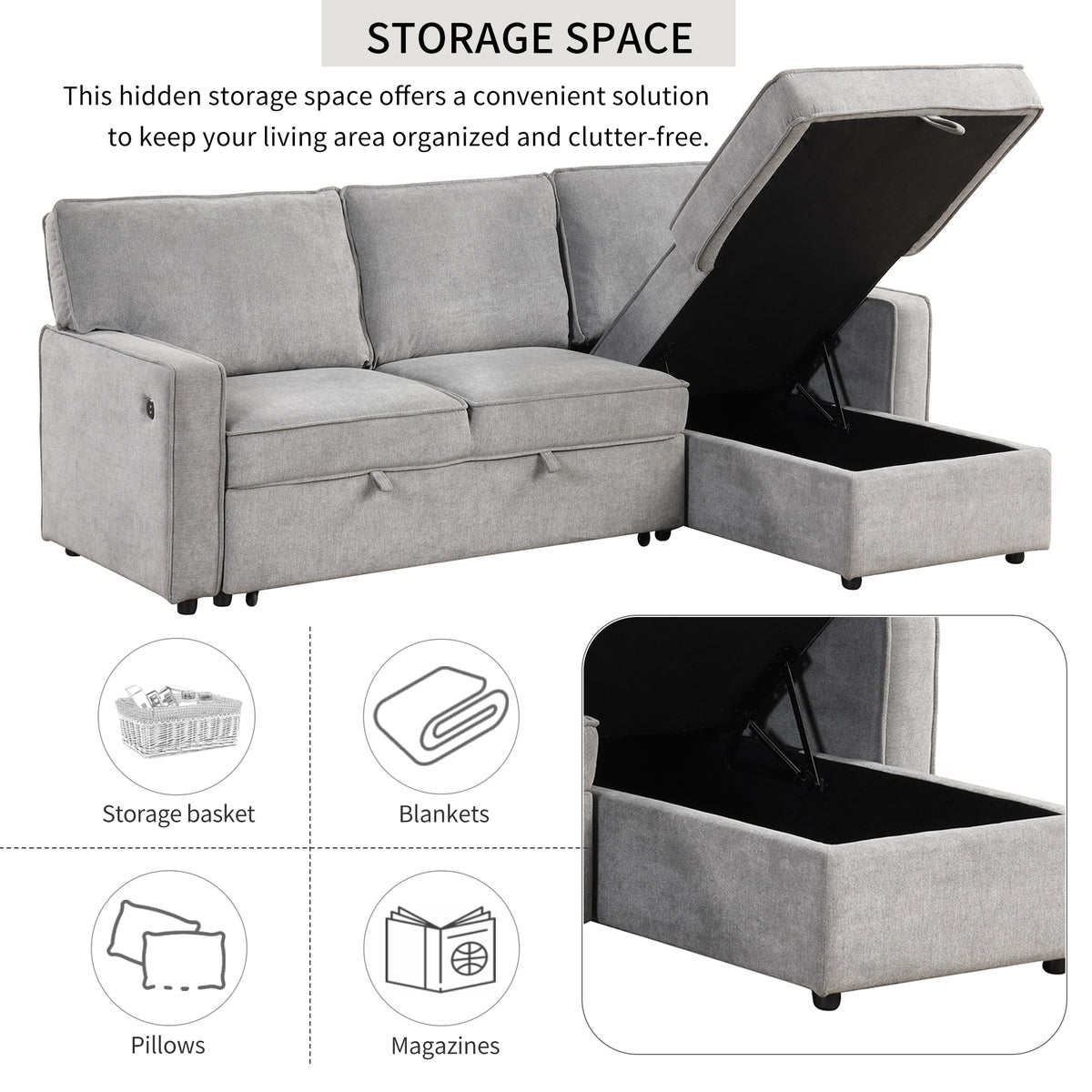 variant-group:rf-n711wy000418aae|Roomfitters Upholstered Sleeper Sectional Sofa with Storage, USB Port, and 2 Cup Holders, Living Room Couch, Gray