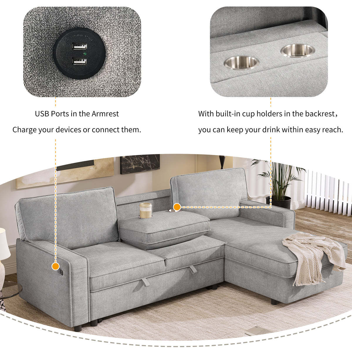 variant-group:rf-n711wy000418aae|Roomfitters Upholstered Sleeper Sectional Sofa with Storage, USB Port, and 2 Cup Holders, Living Room Couch, Gray