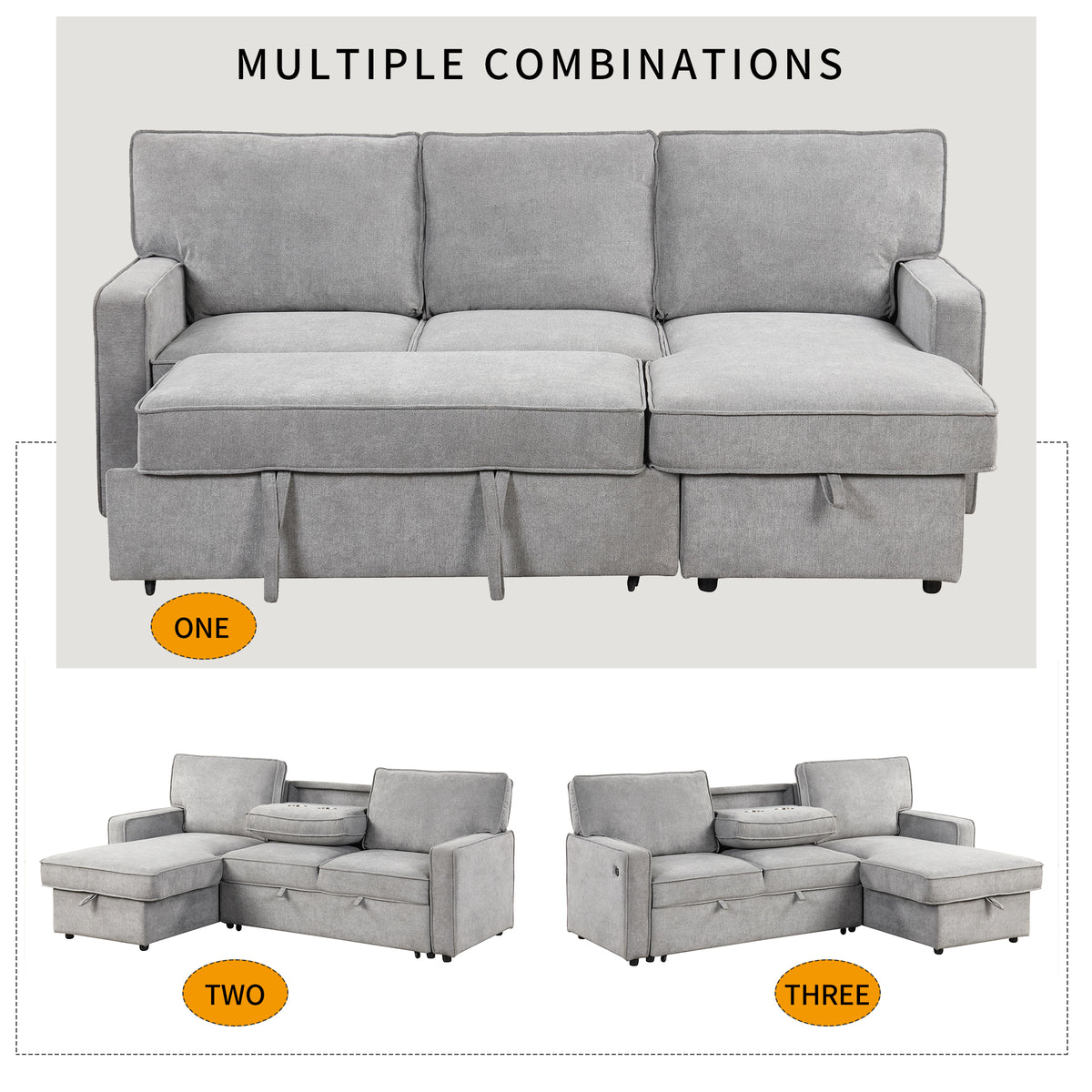 variant-group:rf-n711wy000418aae|Roomfitters Upholstered Sleeper Sectional Sofa with Storage, USB Port, and 2 Cup Holders, Living Room Couch, Gray