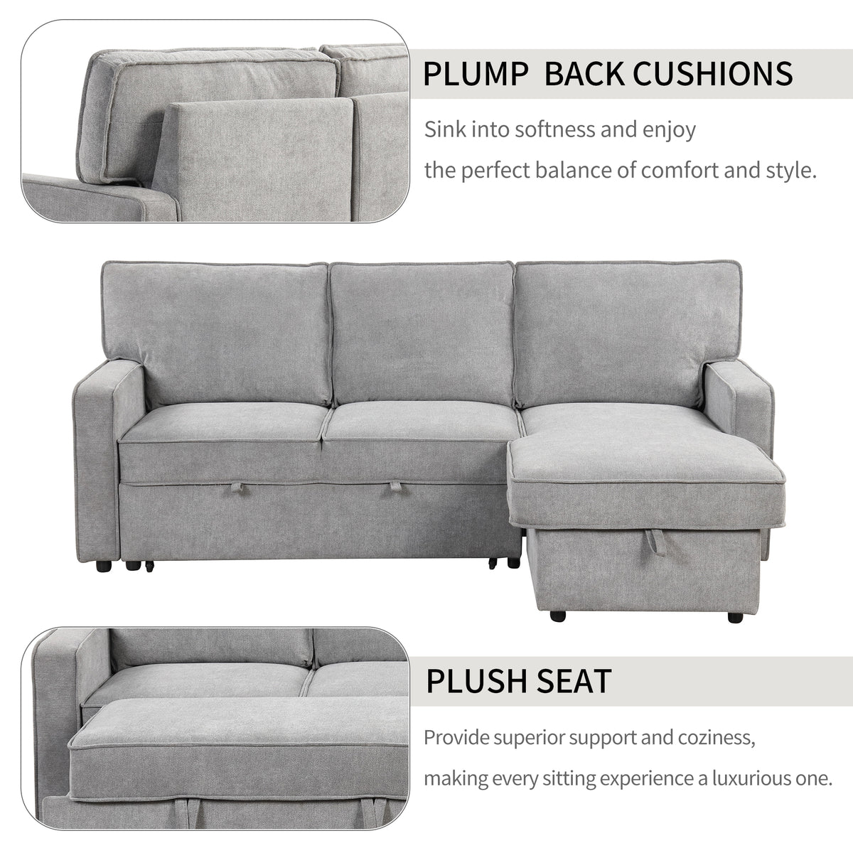 variant-group:rf-n711wy000418aae|Roomfitters Upholstered Sleeper Sectional Sofa with Storage, USB Port, and 2 Cup Holders, Living Room Couch, Gray