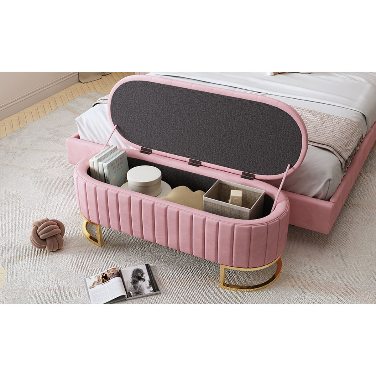 variant-group:rf-n733p208522h|Roomfitters Elegant Velvet Storage Ottoman with Button-Tufted Design, Upholstered Bench with Metal Legs for Bedroom and Living Room, Pink