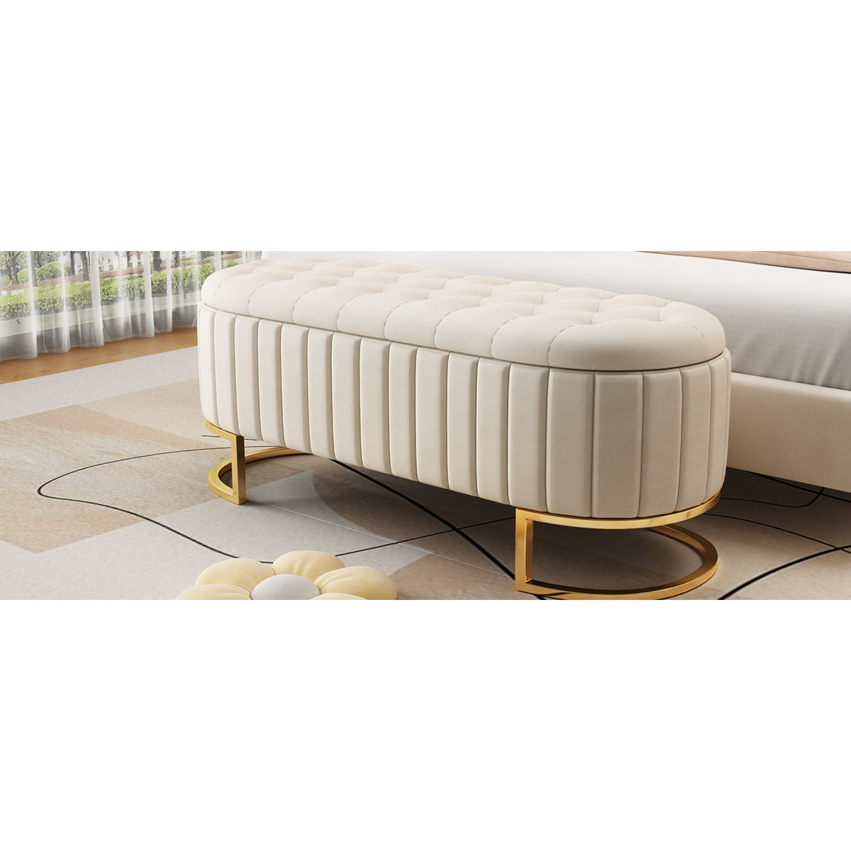 variant-group:rf-n733p208522a|Roomfitters Elegant Velvet Storage Ottoman with Button-Tufted Design, Upholstered Bench with Metal Legs for Bedroom and Living Room, Beige