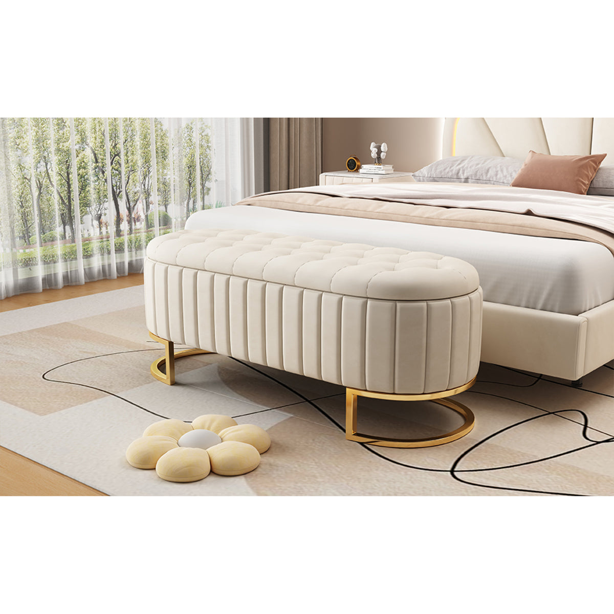 variant-group:rf-n733p208522a|Roomfitters Elegant Velvet Storage Ottoman with Button-Tufted Design, Upholstered Bench with Metal Legs for Bedroom and Living Room, Beige