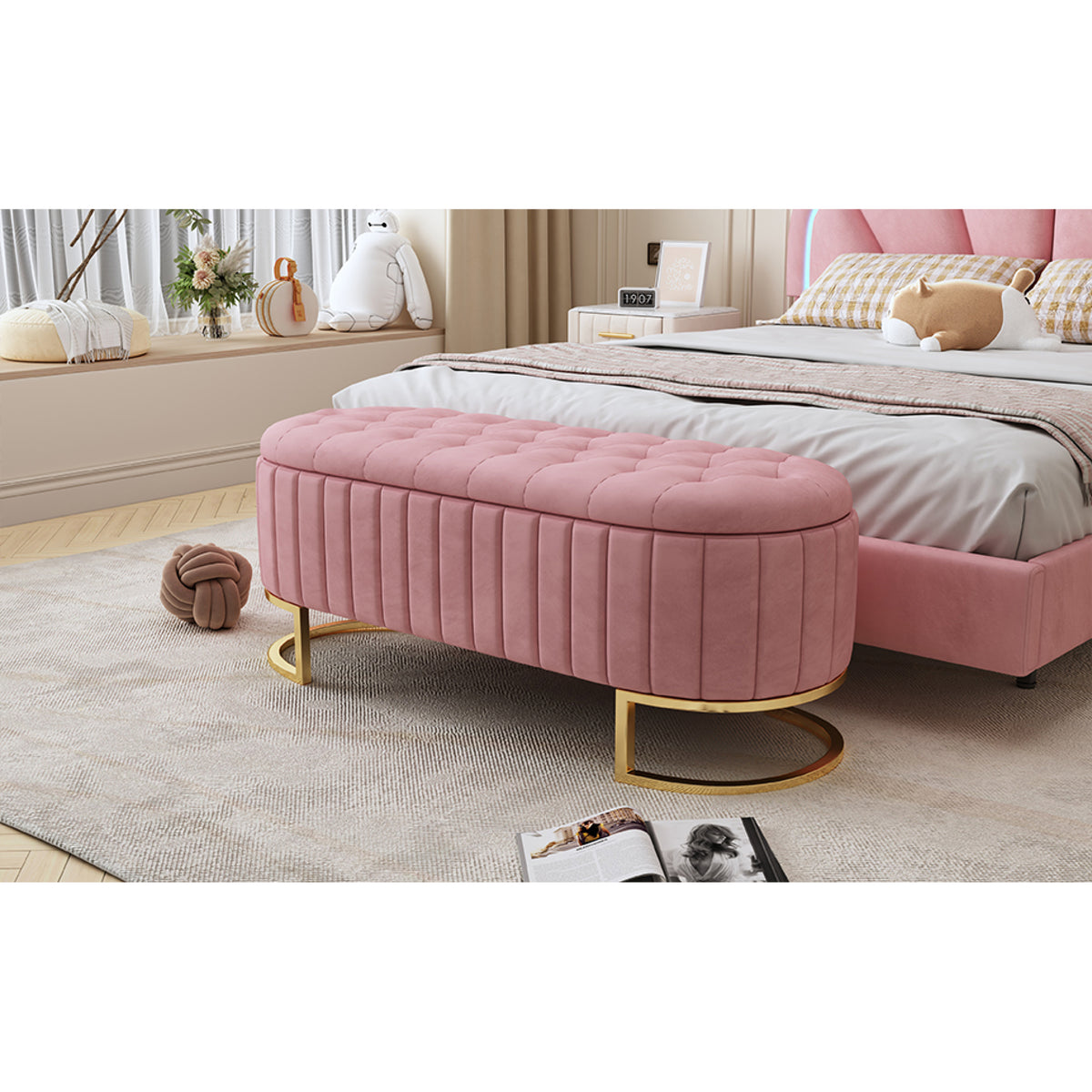 variant-group:rf-n733p208522h|Roomfitters Elegant Velvet Storage Ottoman with Button-Tufted Design, Upholstered Bench with Metal Legs for Bedroom and Living Room, Pink
