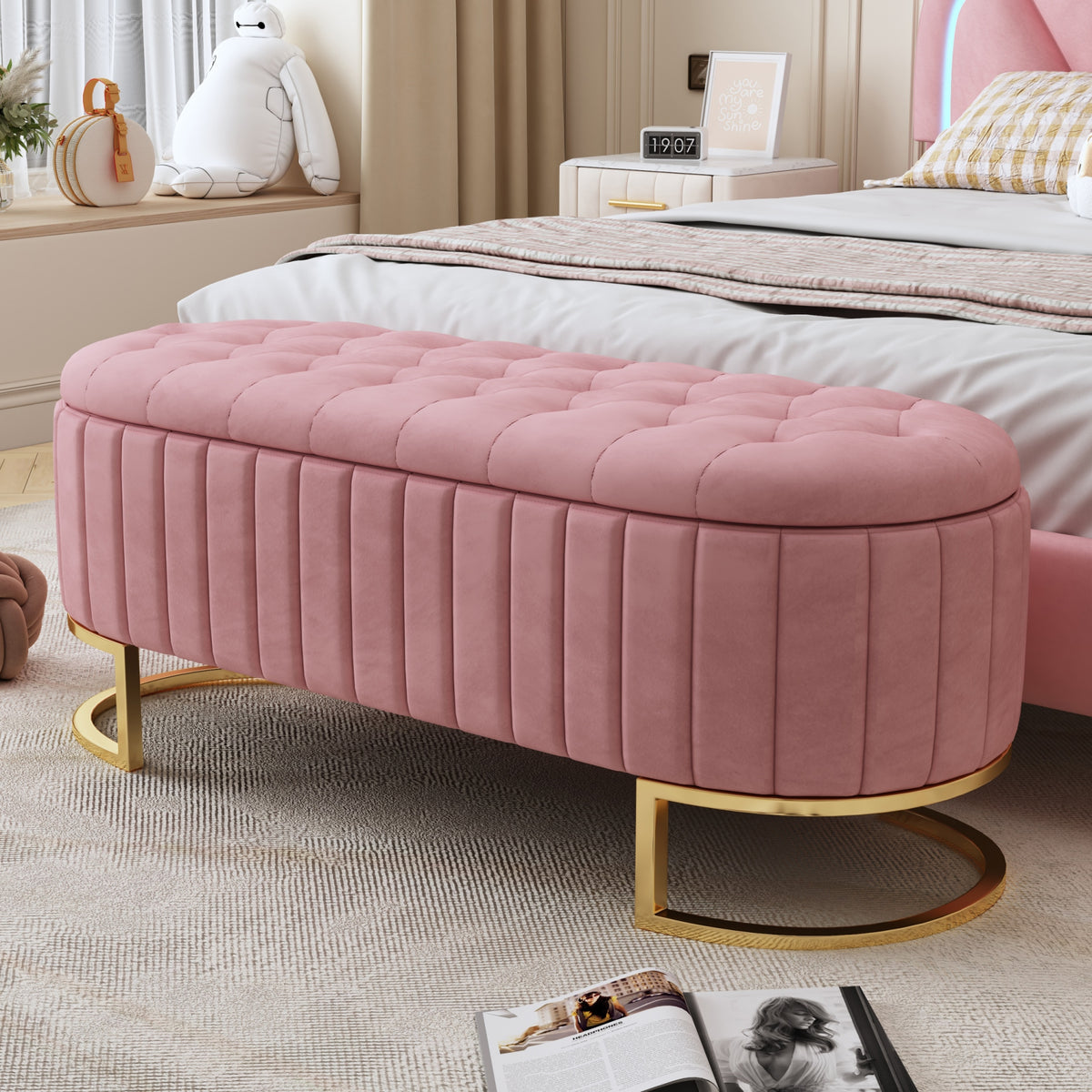 variant-group:rf-n733p208522h|Roomfitters Elegant Velvet Storage Ottoman with Button-Tufted Design, Upholstered Bench with Metal Legs for Bedroom and Living Room, Pink