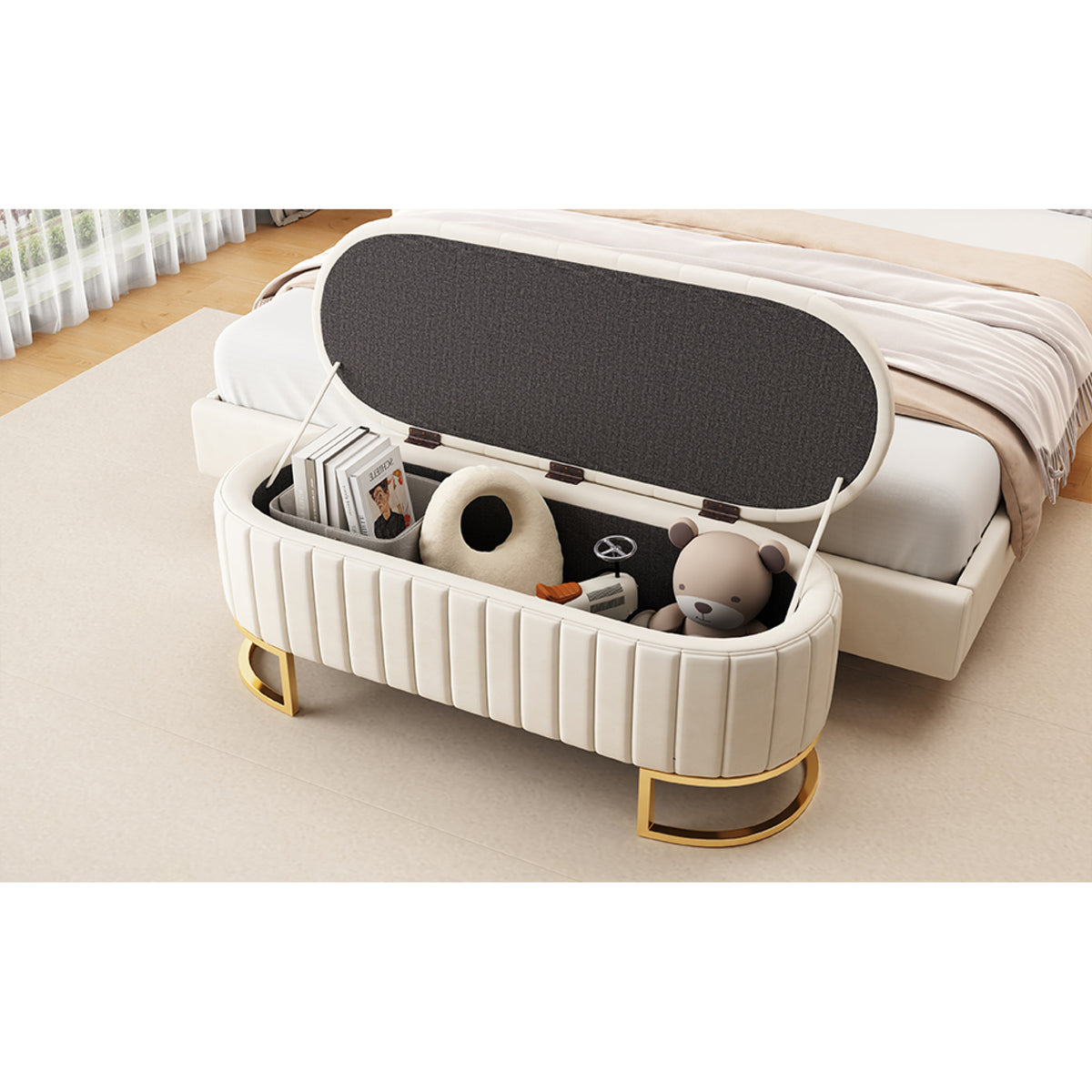 variant-group:rf-n733p208522a|Roomfitters Elegant Velvet Storage Ottoman with Button-Tufted Design, Upholstered Bench with Metal Legs for Bedroom and Living Room, Beige