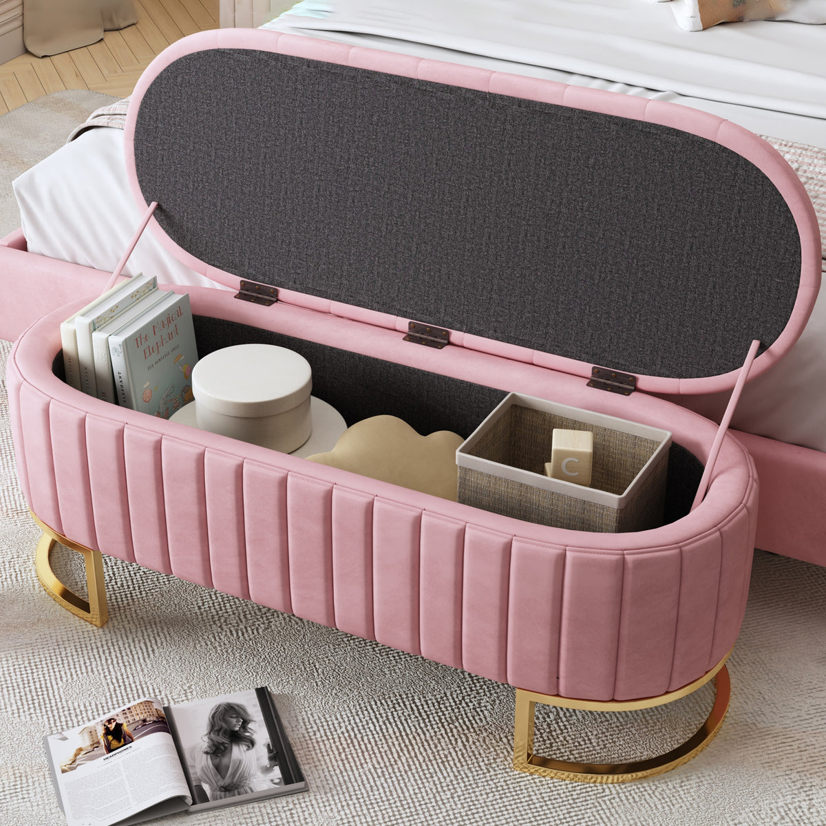 variant-group:rf-n733p208522h|Roomfitters Elegant Velvet Storage Ottoman with Button-Tufted Design, Upholstered Bench with Metal Legs for Bedroom and Living Room, Pink