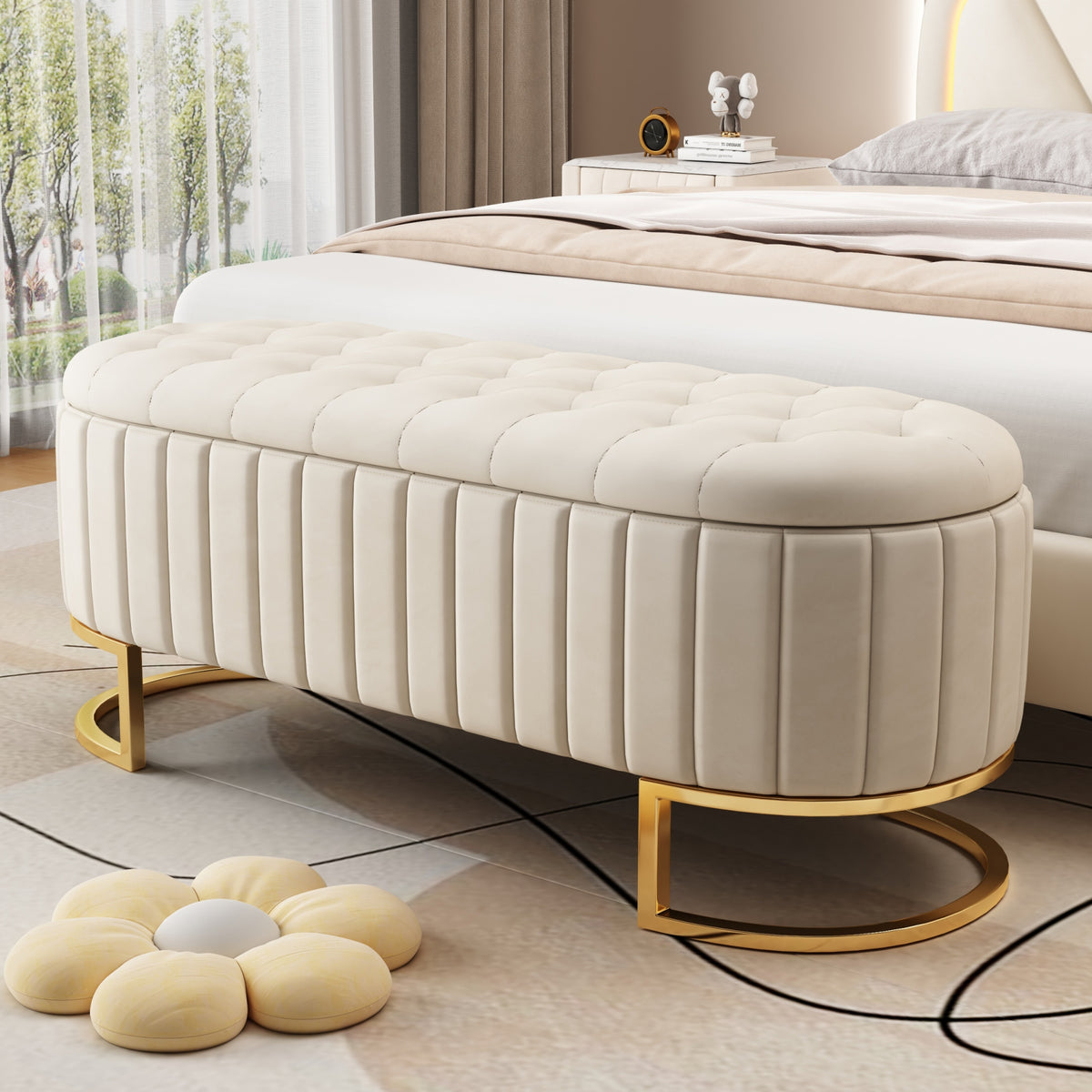 variant-group:rf-n733p208522a|Roomfitters Elegant Velvet Storage Ottoman with Button-Tufted Design, Upholstered Bench with Metal Legs for Bedroom and Living Room, Beige