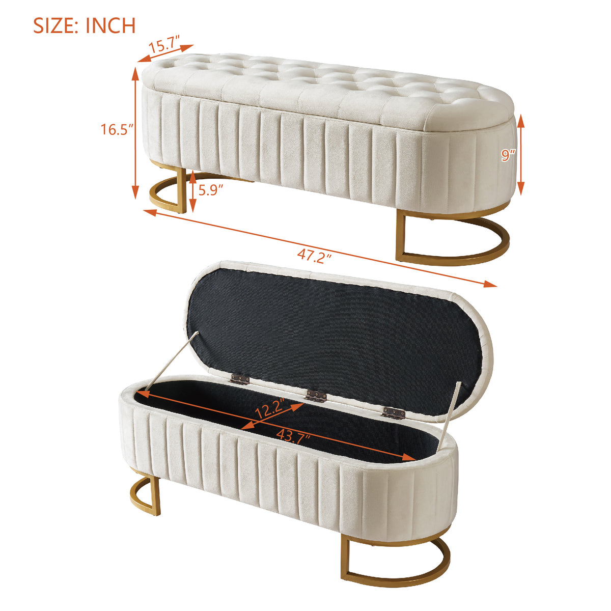 variant-group:rf-n733p208522a|Roomfitters Elegant Velvet Storage Ottoman with Button-Tufted Design, Upholstered Bench with Metal Legs for Bedroom and Living Room, Beige
