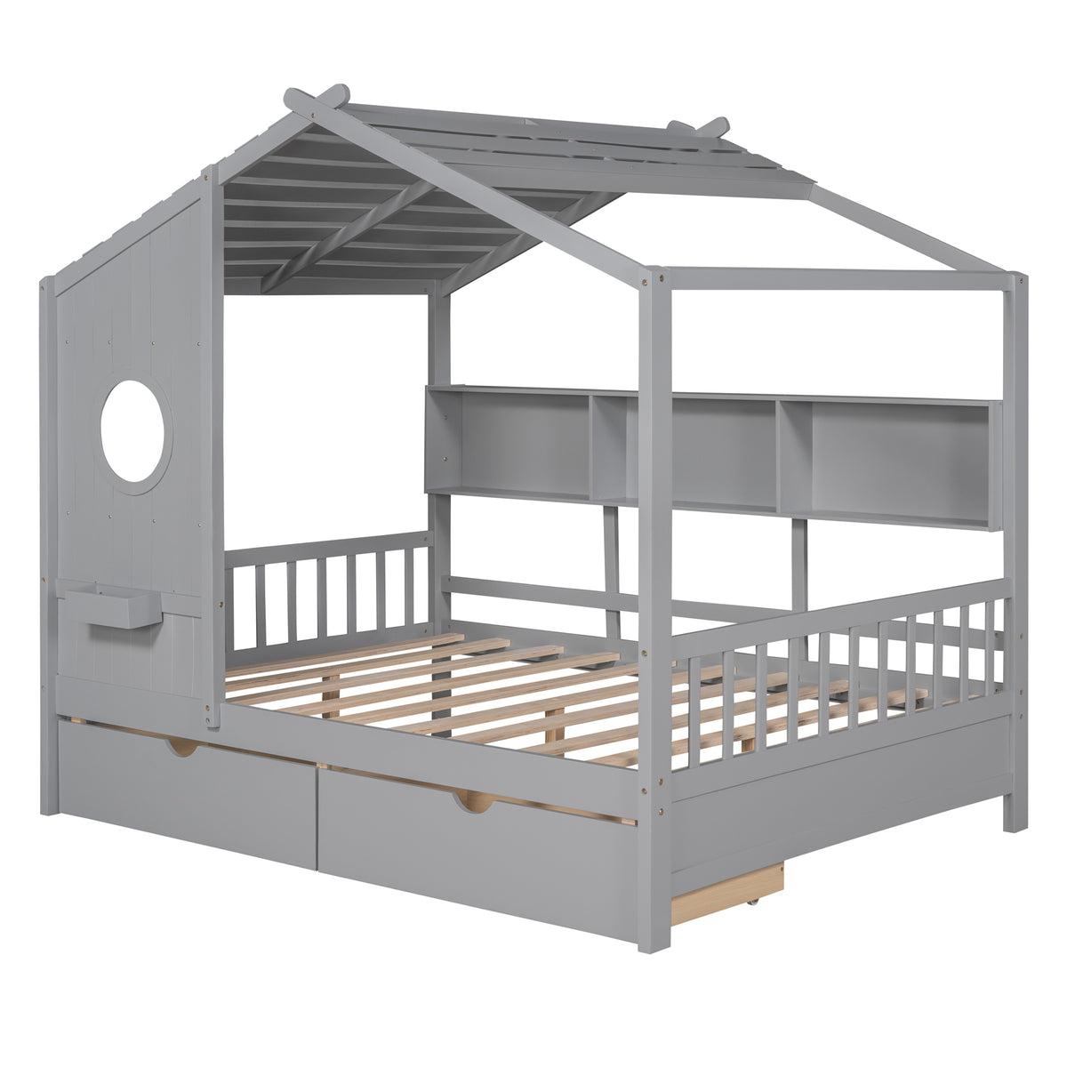 variant-group:rf-n733s308487e|Roomfitters Wooden Full Size House Bed with 2 Drawers and Storage Shelf, Gray