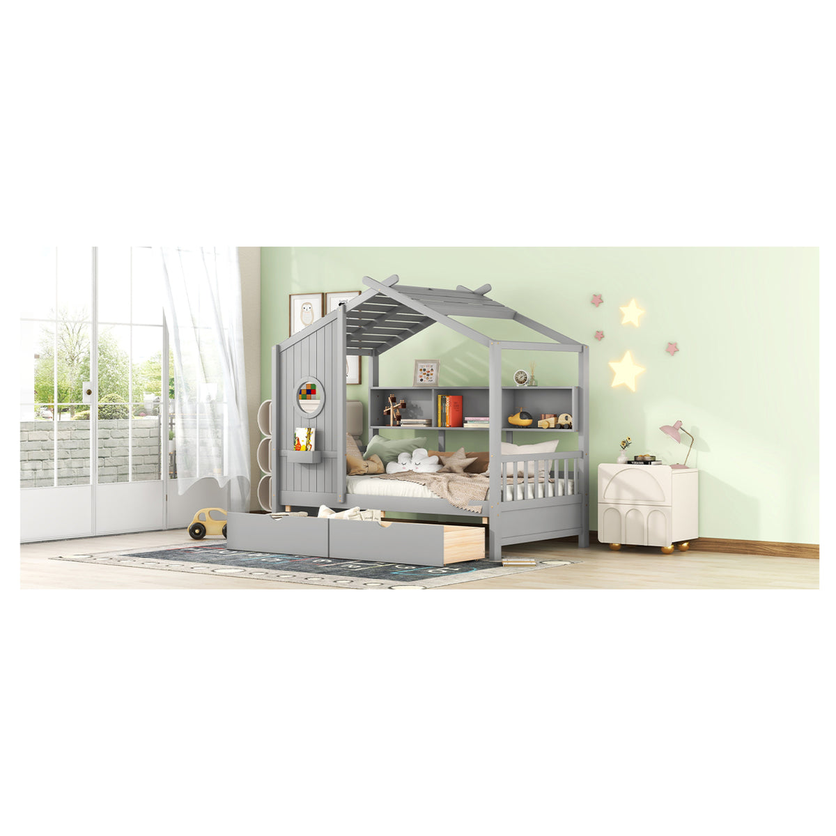 variant-group:rf-n733s308483e|Roomfitters Wooden Twin Size House Bed with 2 Drawers and Storage Shelf, Gray