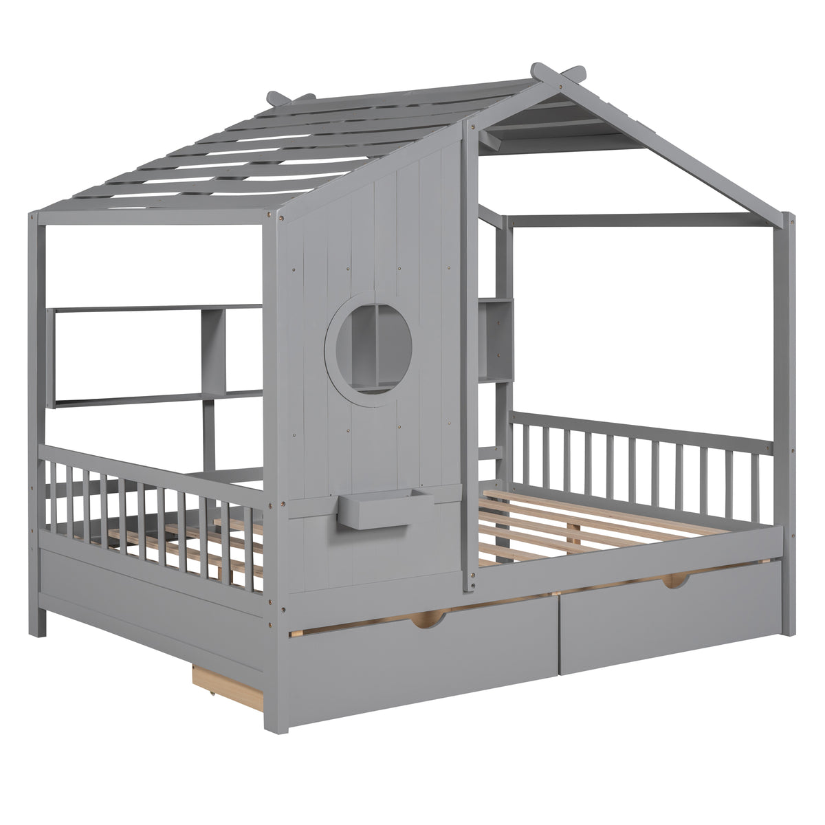 variant-group:rf-n733s308487e|Roomfitters Wooden Full Size House Bed with 2 Drawers and Storage Shelf, Gray