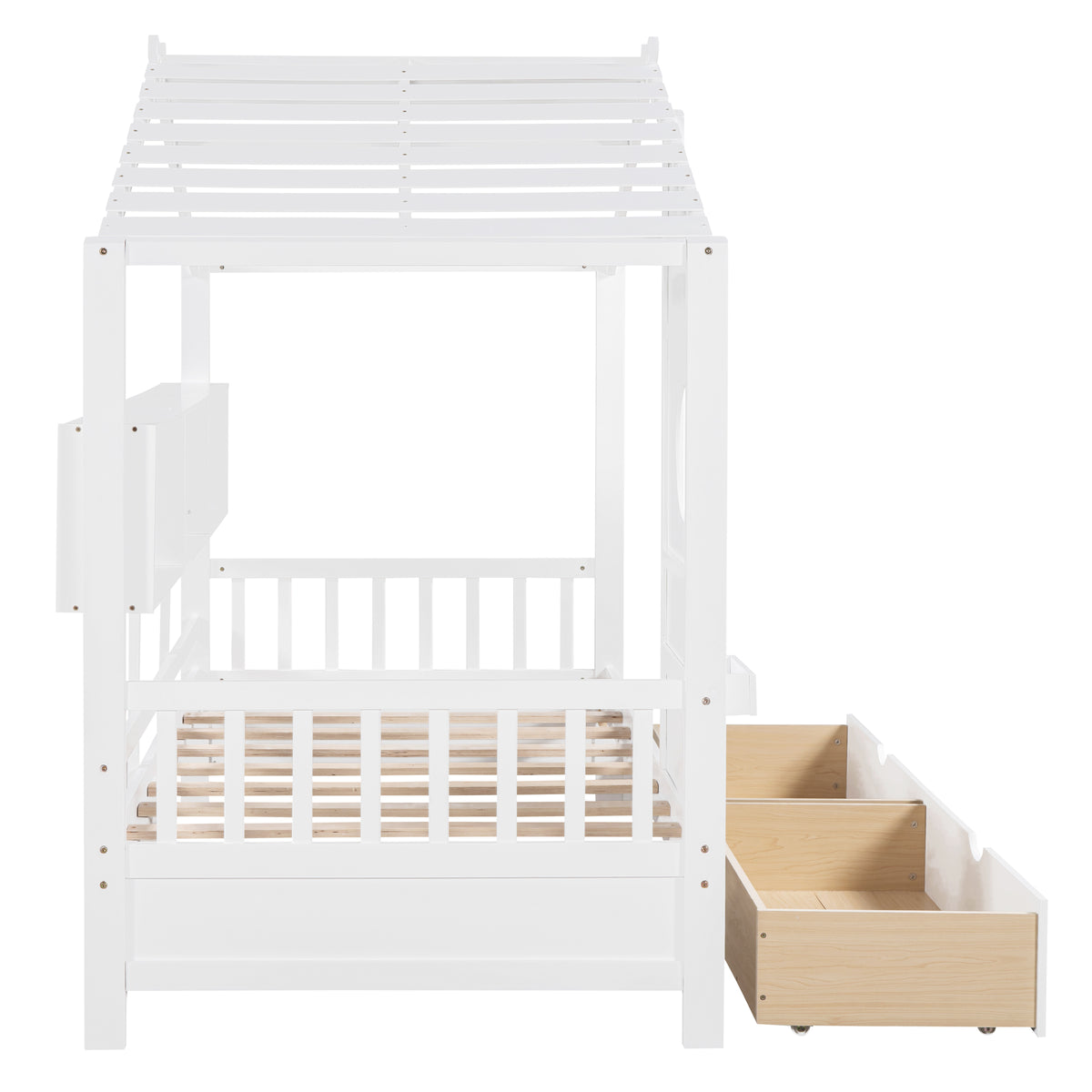 variant-group:rf-n733s308483k|Roomfitters Wooden Twin Size House Bed with 2 Drawers and Storage Shelf, White