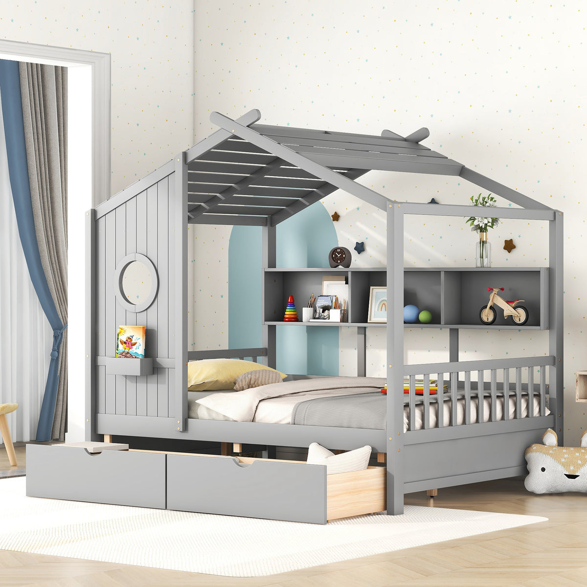 variant-group:rf-n733s308487e|Roomfitters Wooden Full Size House Bed with 2 Drawers and Storage Shelf, Gray