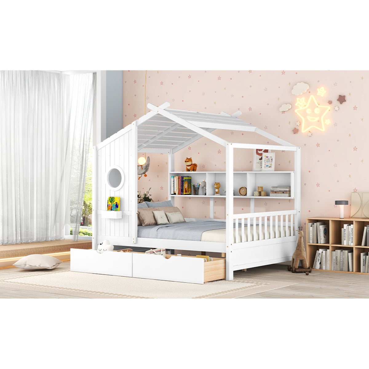 variant-group:rf-n733s308487k|Roomfitters Wooden Full Size House Bed with 2 Drawers and Storage Shelf, White