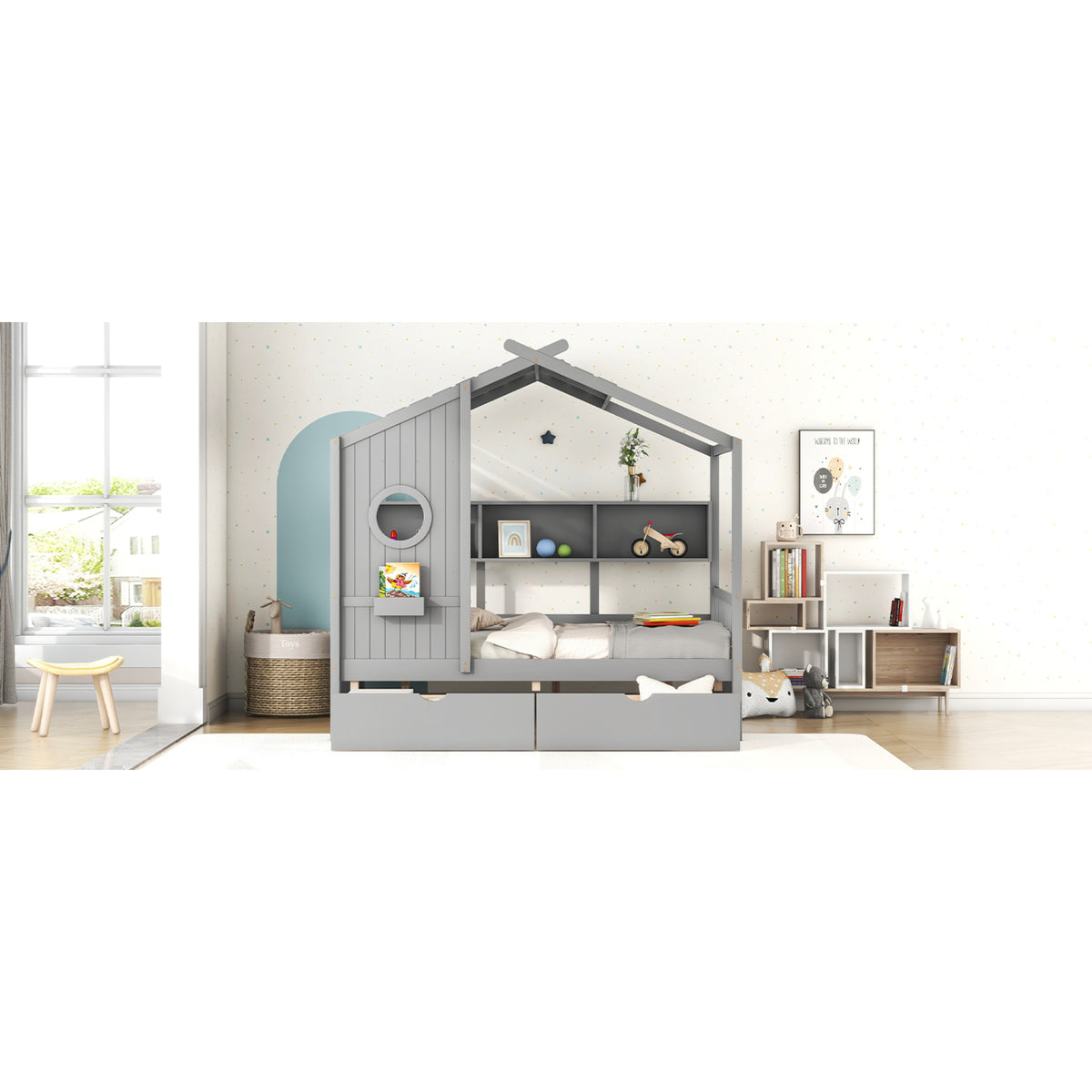 variant-group:rf-n733s308487e|Roomfitters Wooden Full Size House Bed with 2 Drawers and Storage Shelf, Gray