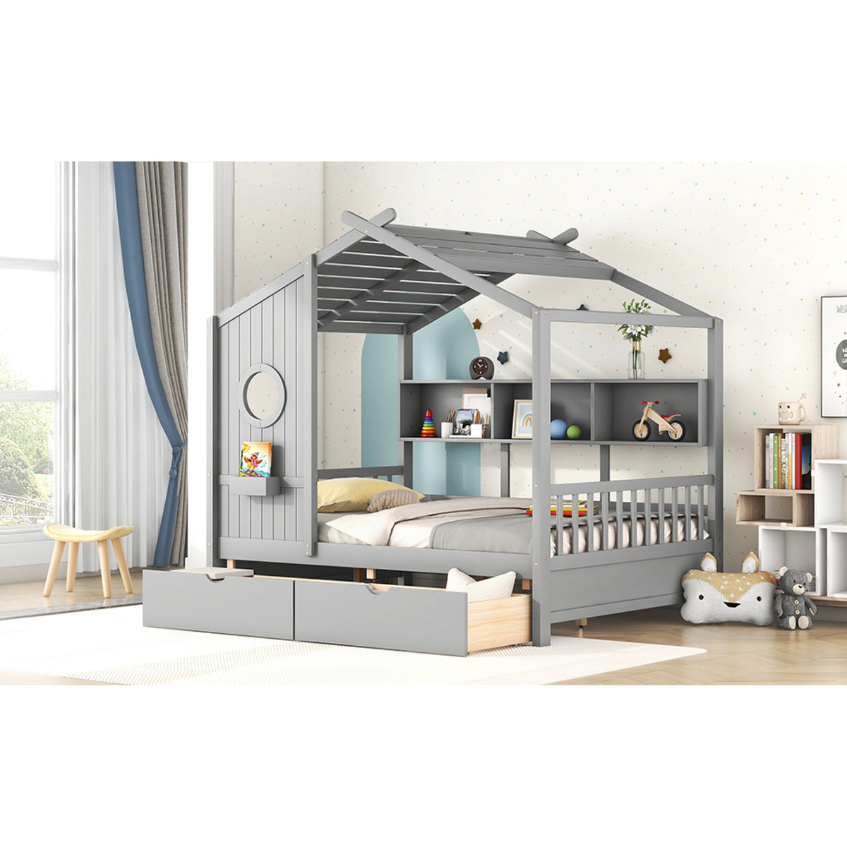 variant-group:rf-n733s308487e|Roomfitters Wooden Full Size House Bed with 2 Drawers and Storage Shelf, Gray