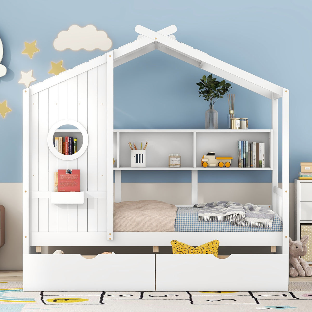 variant-group:rf-n733s308483k|Roomfitters Wooden Twin Size House Bed with 2 Drawers and Storage Shelf, White