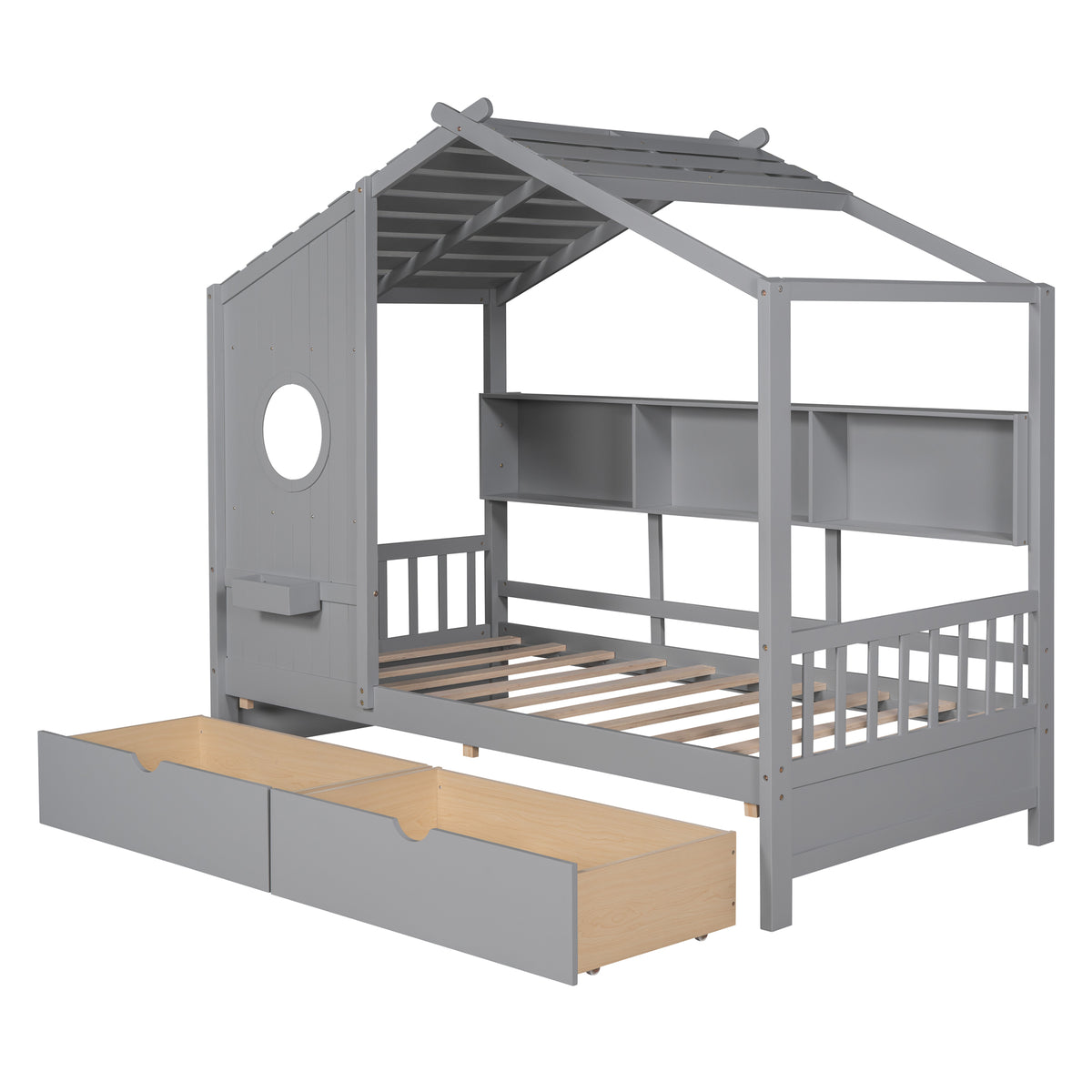variant-group:rf-n733s308483e|Roomfitters Wooden Twin Size House Bed with 2 Drawers and Storage Shelf, Gray