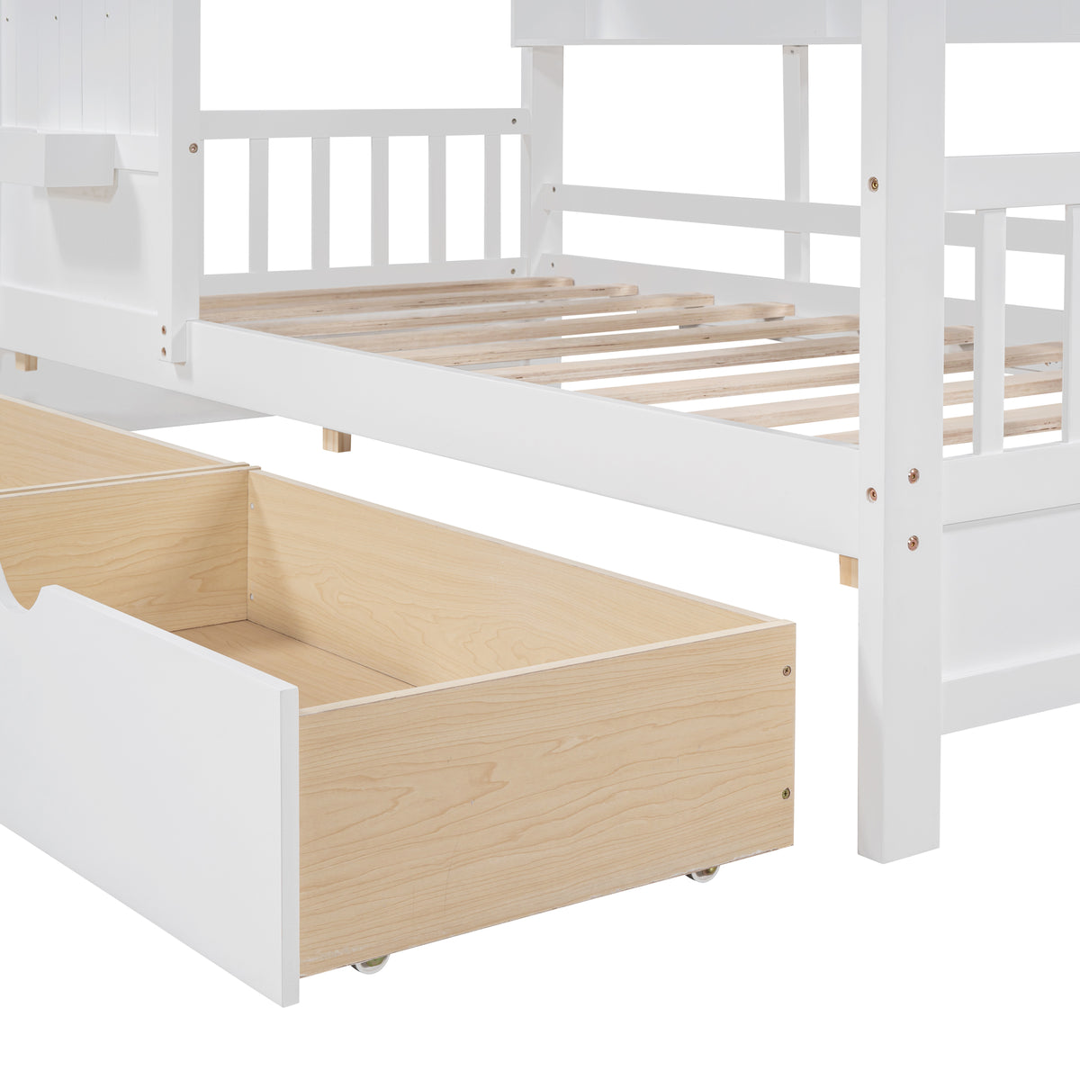 variant-group:rf-n733s308483k|Roomfitters Wooden Twin Size House Bed with 2 Drawers and Storage Shelf, White
