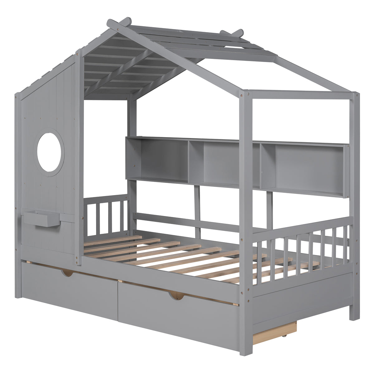 variant-group:rf-n733s308483e|Roomfitters Wooden Twin Size House Bed with 2 Drawers and Storage Shelf, Gray