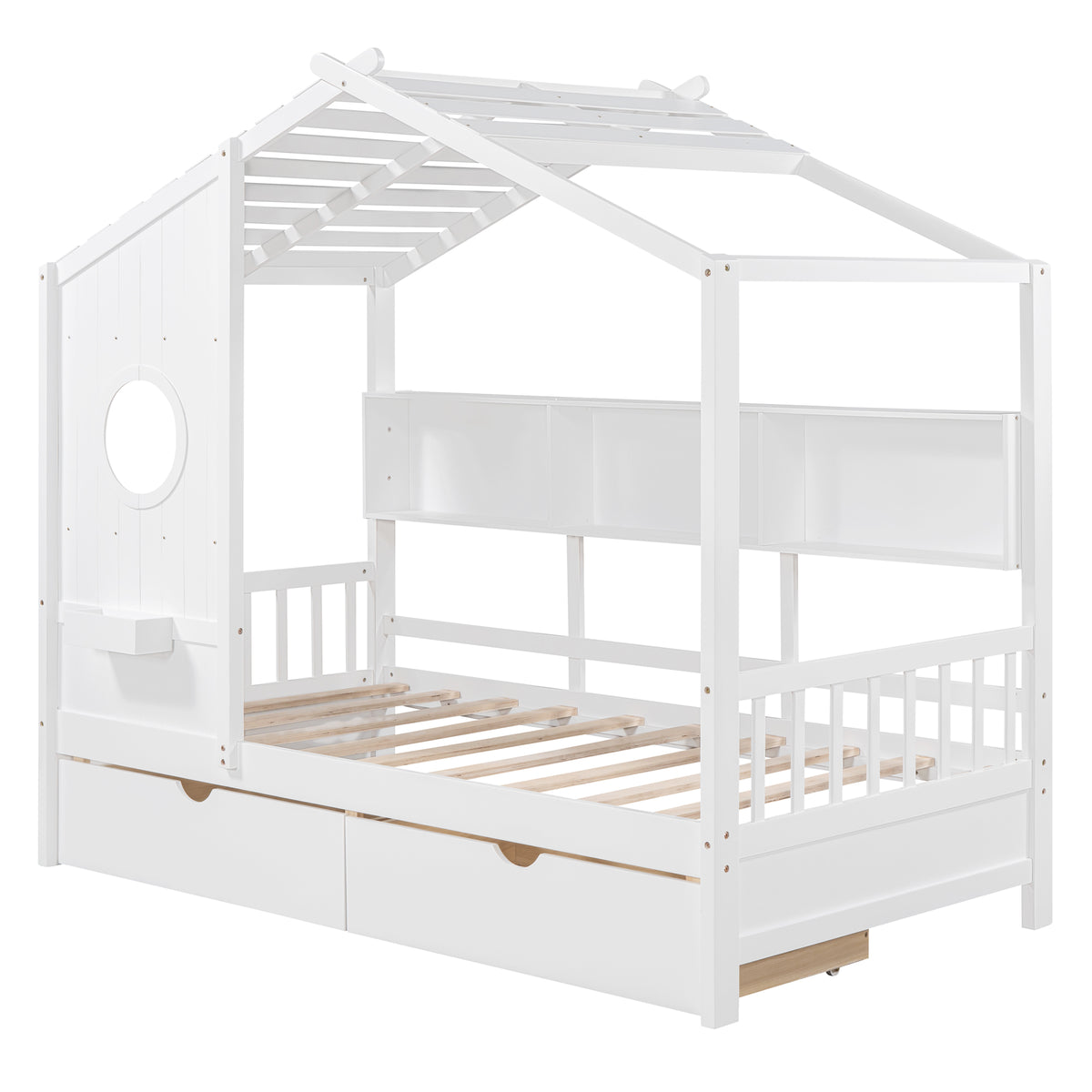 variant-group:rf-n733s308483k|Roomfitters Wooden Twin Size House Bed with 2 Drawers and Storage Shelf, White