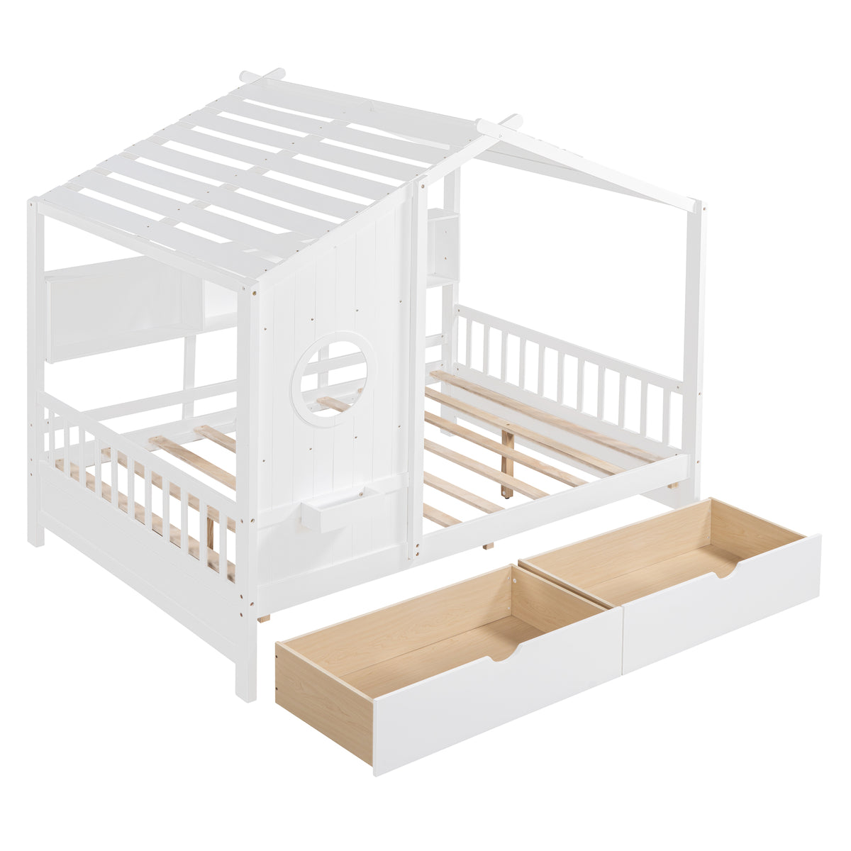 variant-group:rf-n733s308487k|Roomfitters Wooden Full Size House Bed with 2 Drawers and Storage Shelf, White