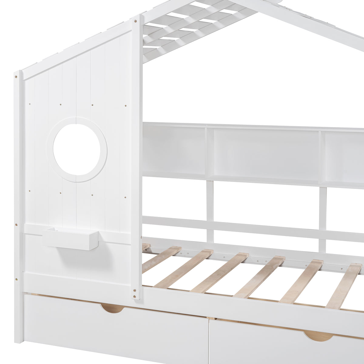 variant-group:rf-n733s308483k|Roomfitters Wooden Twin Size House Bed with 2 Drawers and Storage Shelf, White