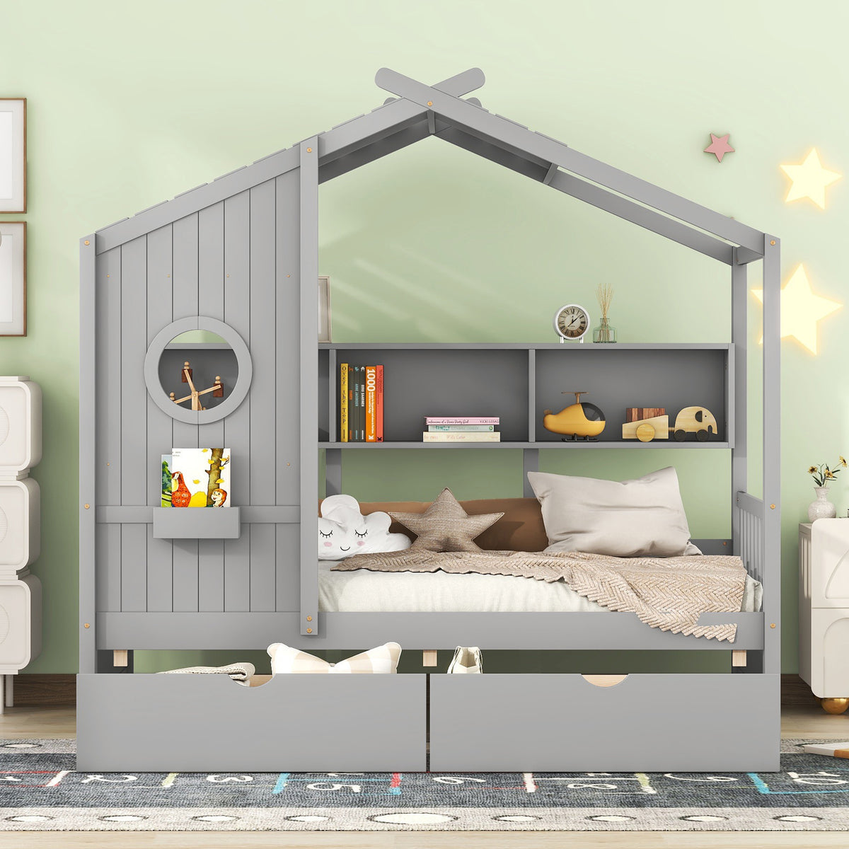 variant-group:rf-n733s308483e|Roomfitters Wooden Twin Size House Bed with 2 Drawers and Storage Shelf, Gray