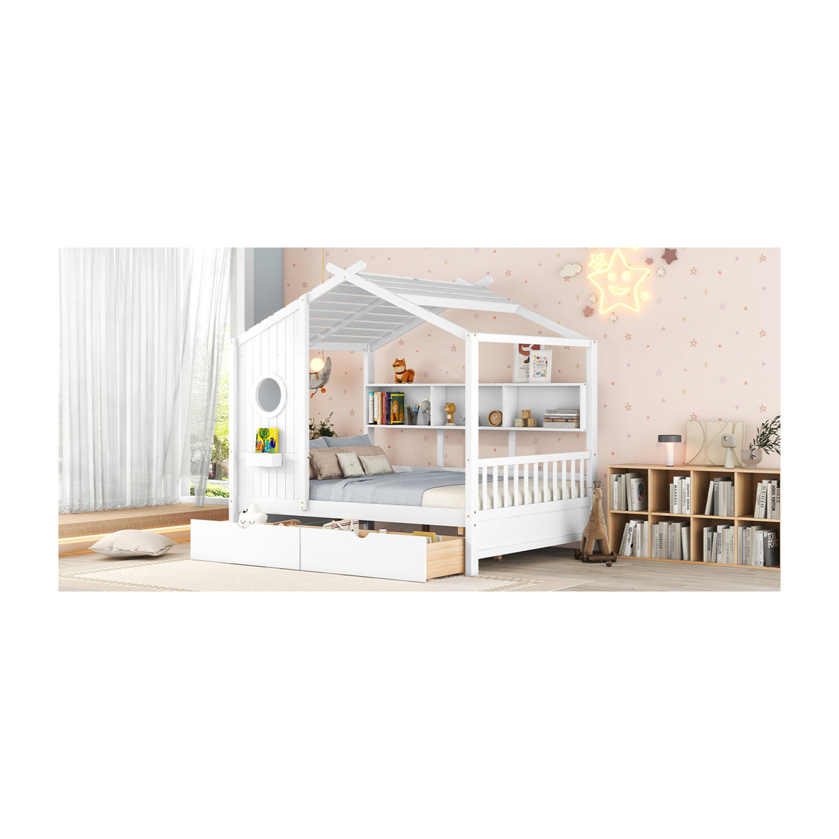 variant-group:rf-n733s308487k|Roomfitters Wooden Full Size House Bed with 2 Drawers and Storage Shelf, White
