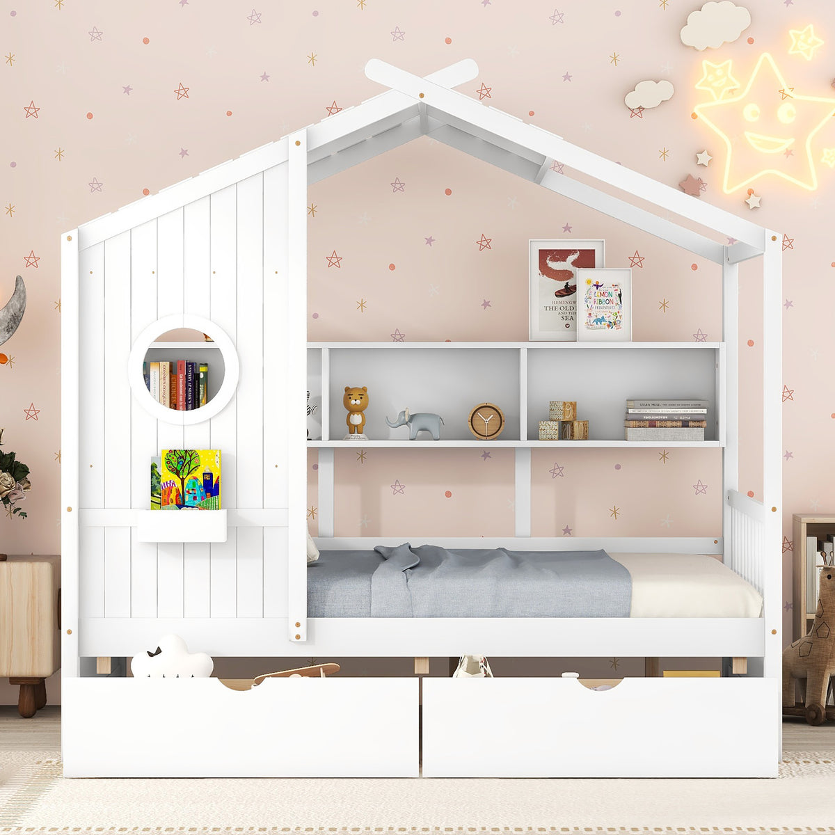 variant-group:rf-n733s308487k|Roomfitters Wooden Full Size House Bed with 2 Drawers and Storage Shelf, White