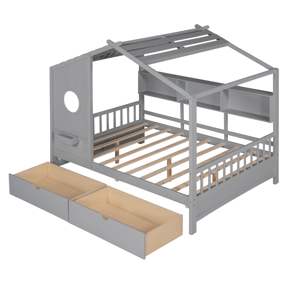 variant-group:rf-n733s308487e|Roomfitters Wooden Full Size House Bed with 2 Drawers and Storage Shelf, Gray