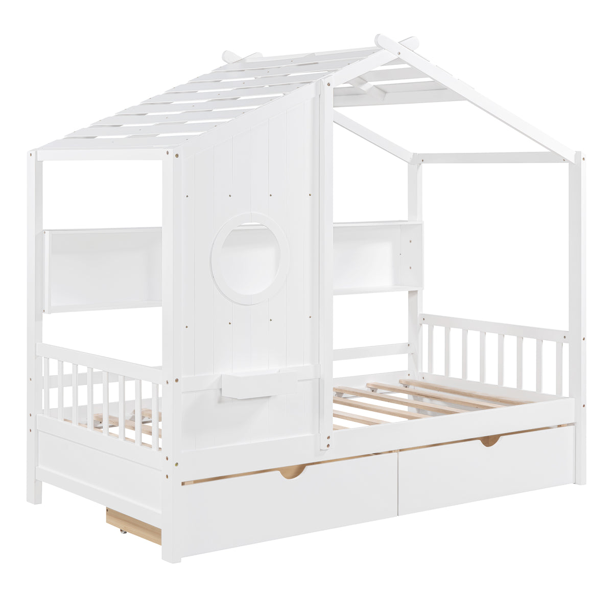 variant-group:rf-n733s308483k|Roomfitters Wooden Twin Size House Bed with 2 Drawers and Storage Shelf, White