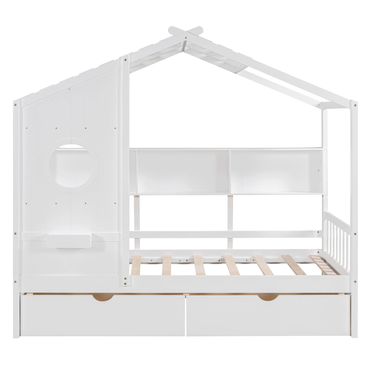 variant-group:rf-n733s308483k|Roomfitters Wooden Twin Size House Bed with 2 Drawers and Storage Shelf, White
