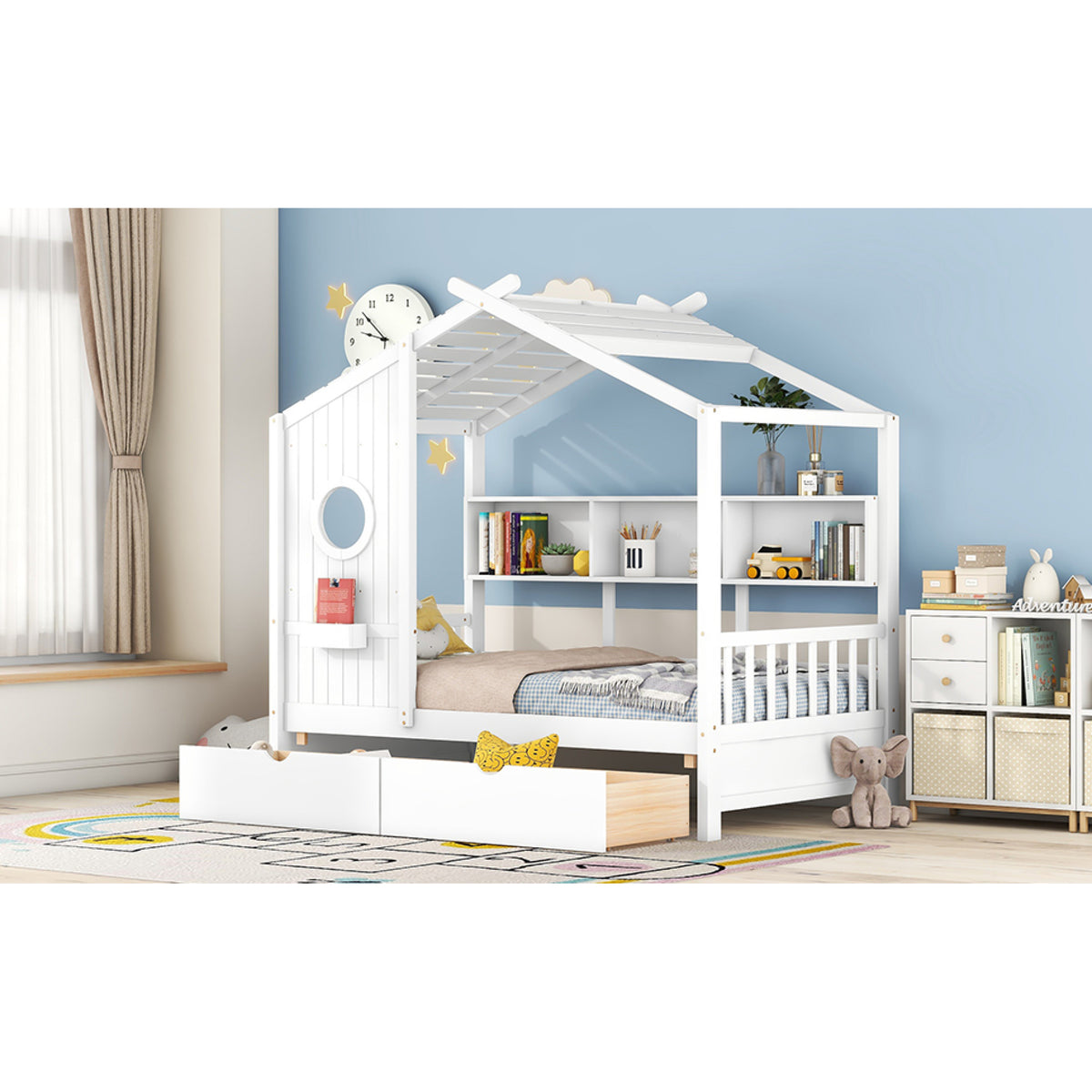 variant-group:rf-n733s308483k|Roomfitters Wooden Twin Size House Bed with 2 Drawers and Storage Shelf, White