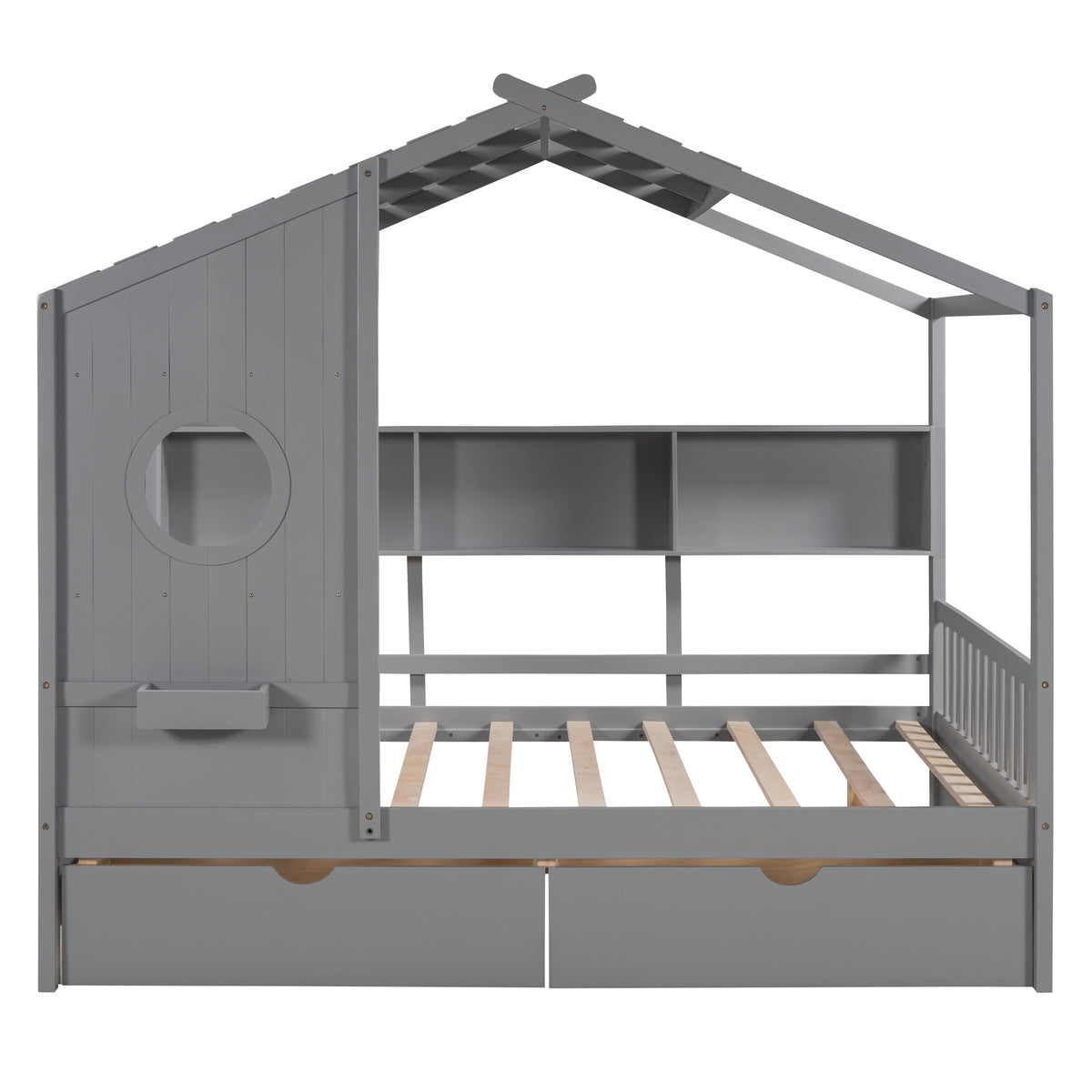 variant-group:rf-n733s308487e|Roomfitters Wooden Full Size House Bed with 2 Drawers and Storage Shelf, Gray