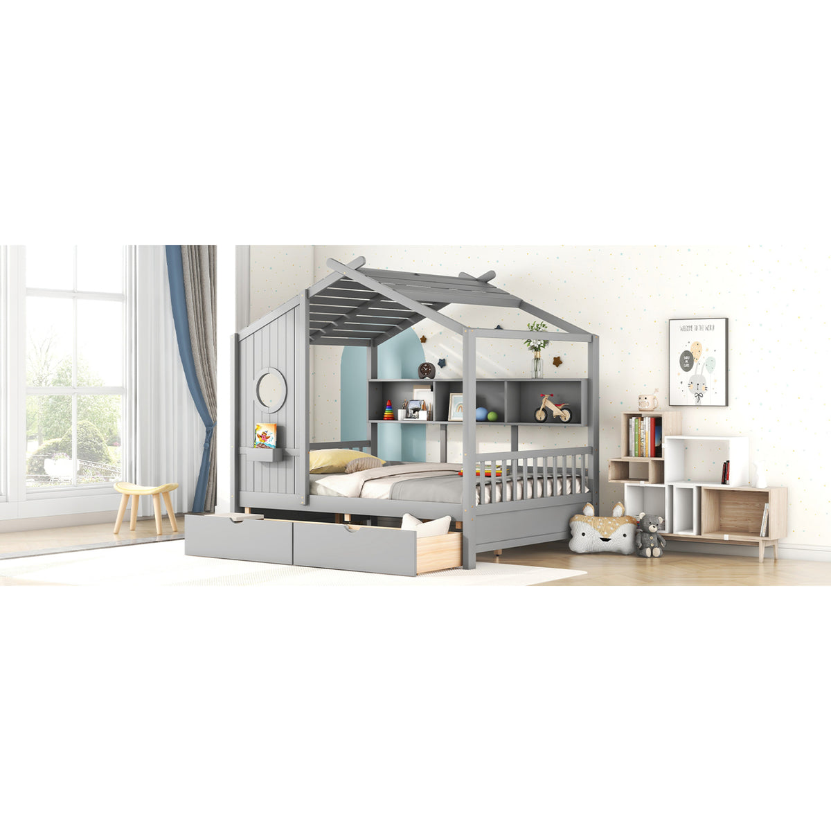 variant-group:rf-n733s308487e|Roomfitters Wooden Full Size House Bed with 2 Drawers and Storage Shelf, Gray