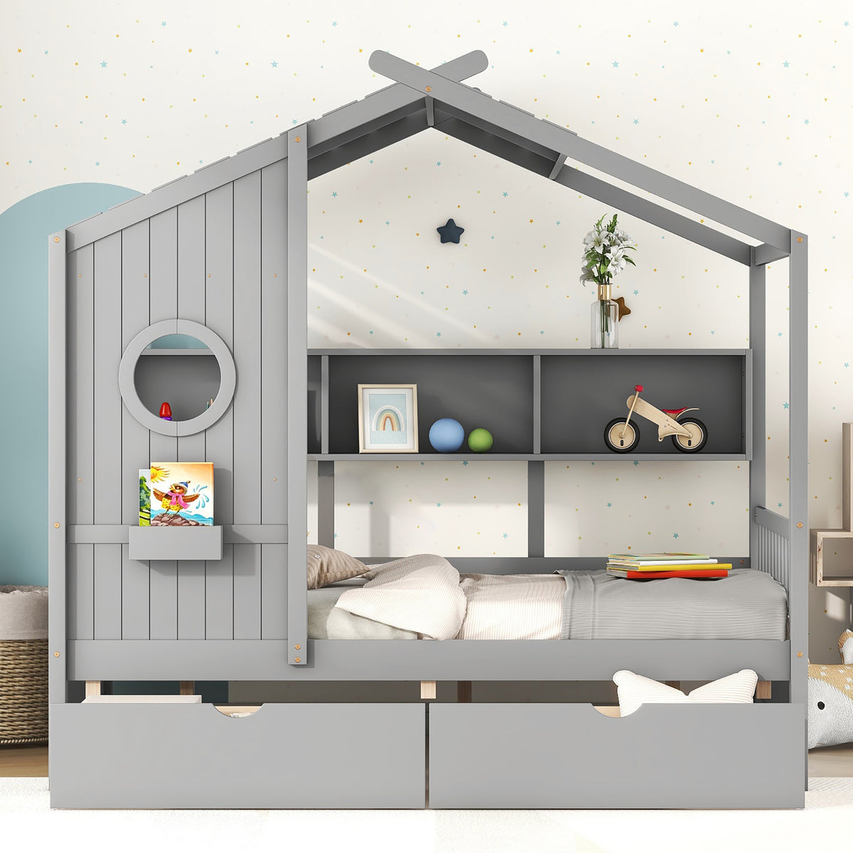 variant-group:rf-n733s308487e|Roomfitters Wooden Full Size House Bed with 2 Drawers and Storage Shelf, Gray