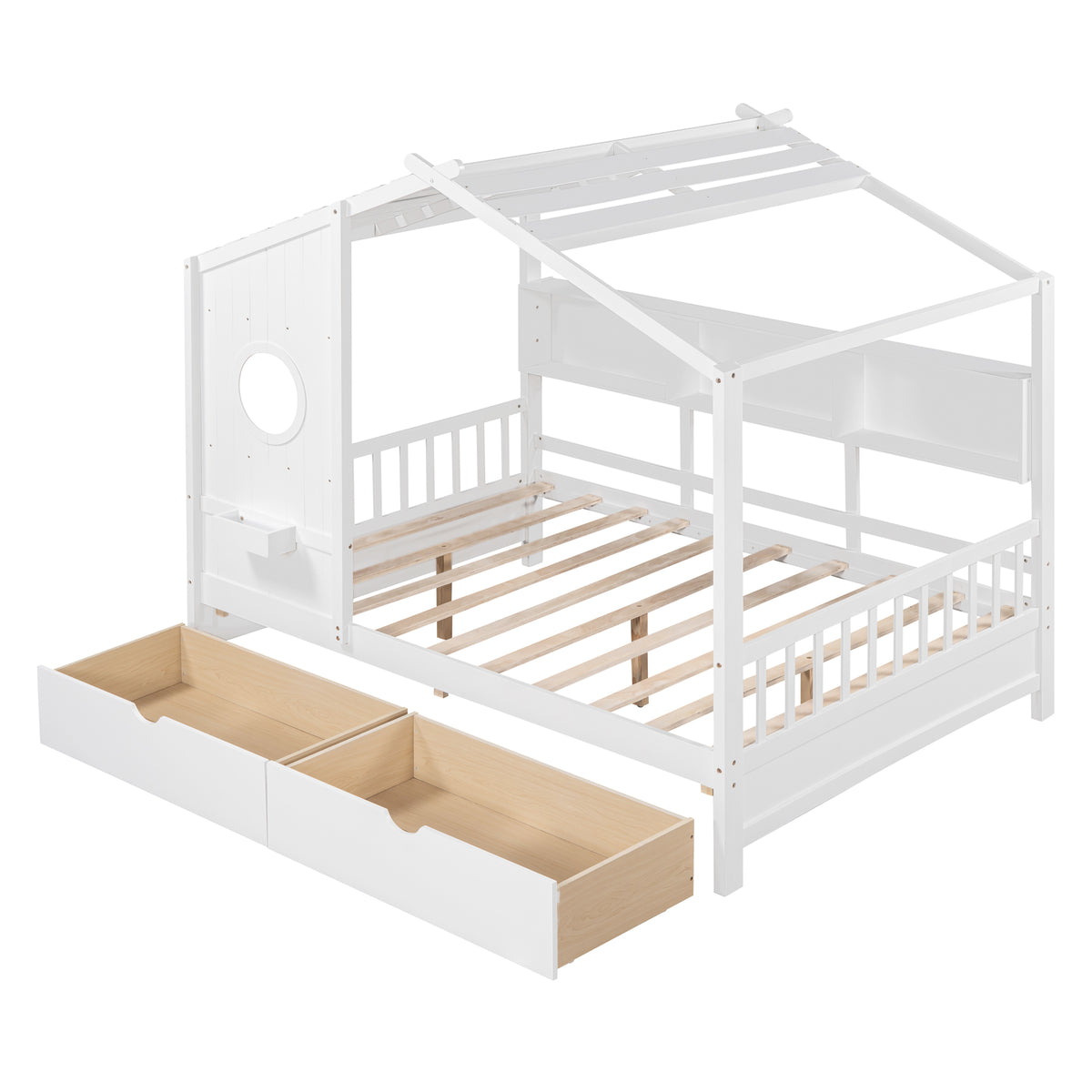 variant-group:rf-n733s308487k|Roomfitters Wooden Full Size House Bed with 2 Drawers and Storage Shelf, White